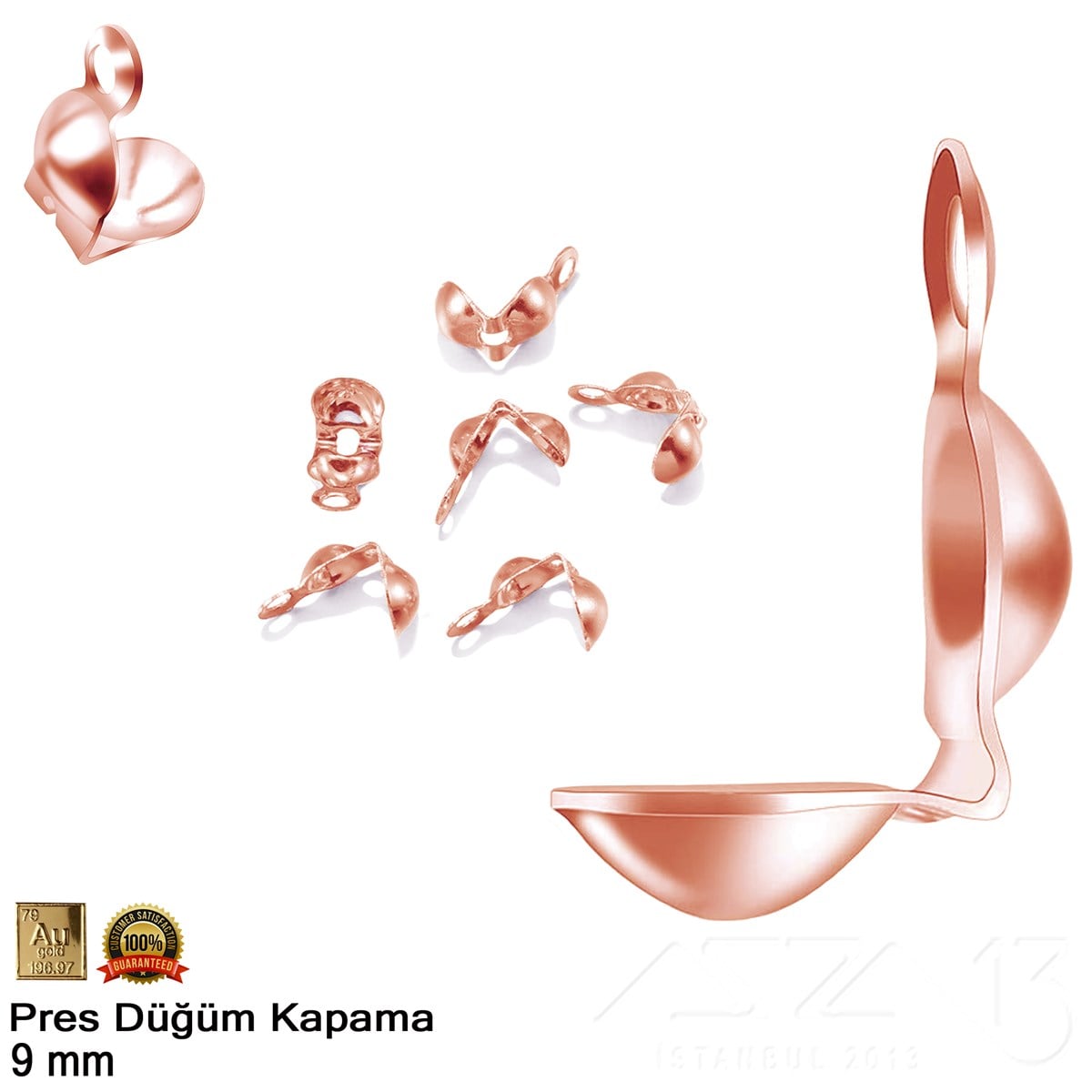 Kapama (Düğüm) - Tek Kulp ve  Pres - 9 mm - Gerçek Rose Altın Kaplama / 20 Adet 