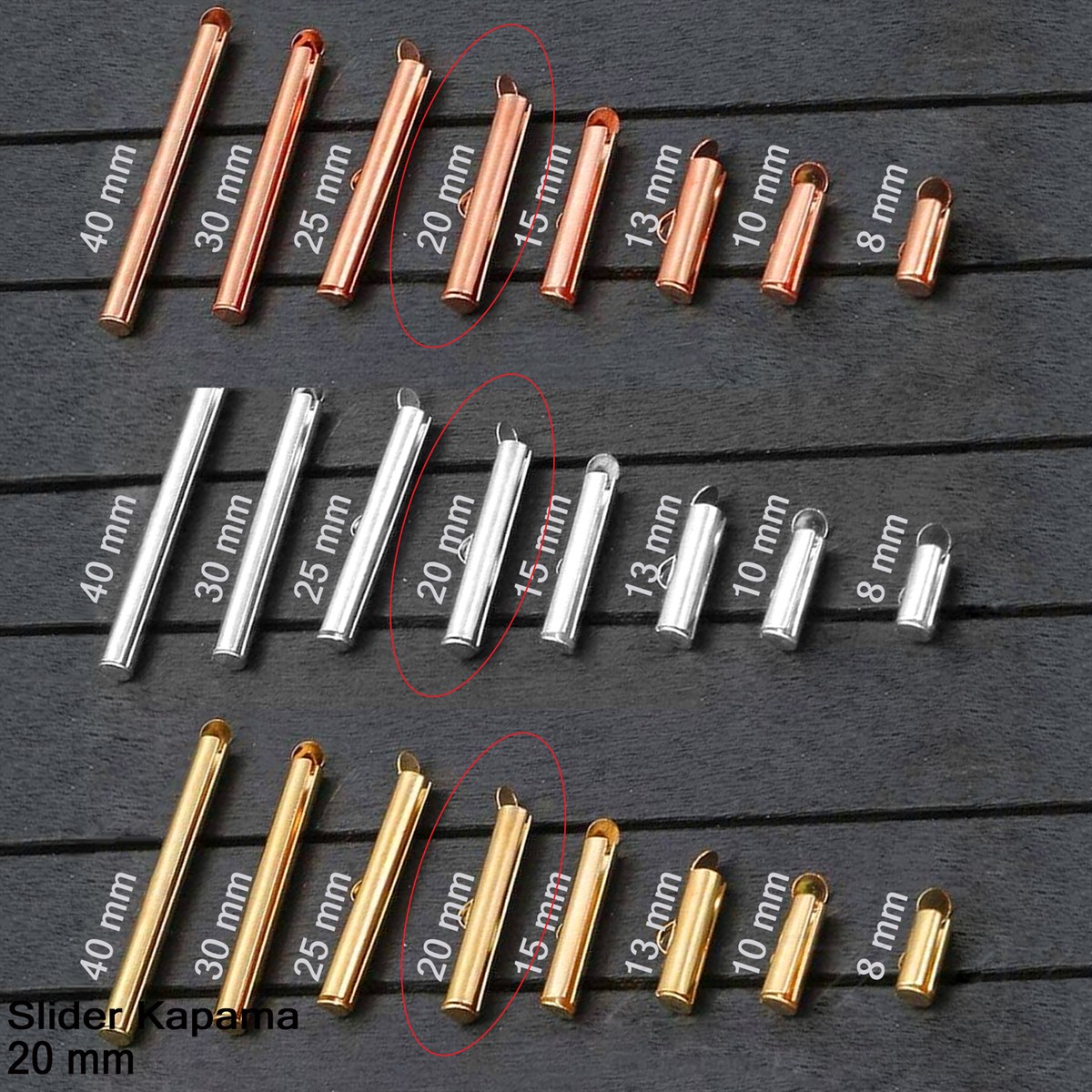 Kapama - Slider 20 mm - Altın, Rose Altın ve Rodyum Kaplama / 2 Adet