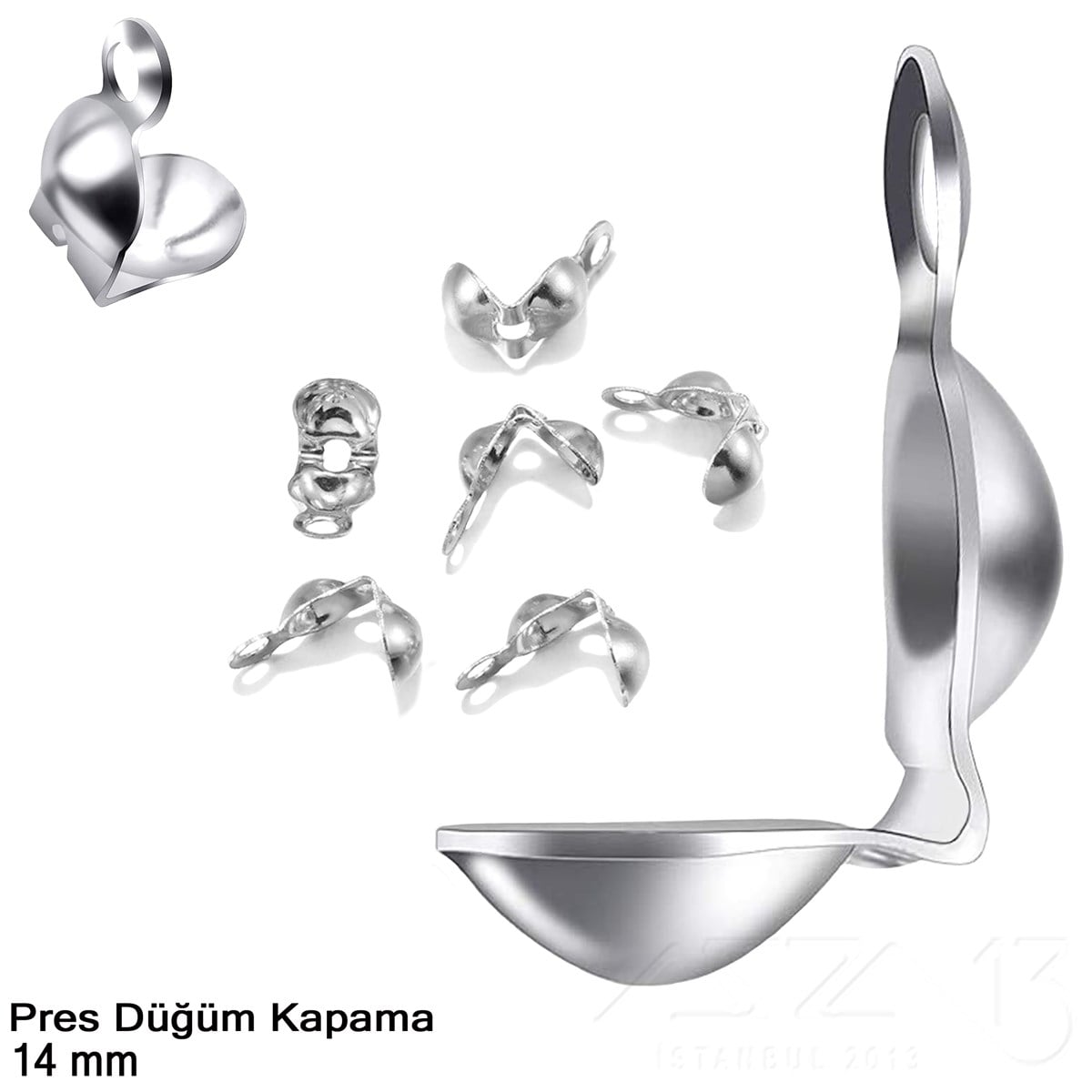 Kapama (Düğüm) - Tek Kulp ve  Pres - 14 mm - Rodyum Renk Kaplama / 20 Adet 