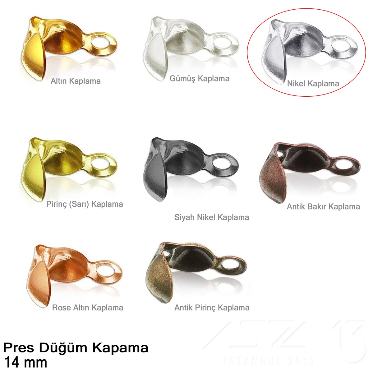Kapama (Düğüm) - Tek Kulp ve  Pres - 14 mm - Rodyum Renk Kaplama / 20 Adet 