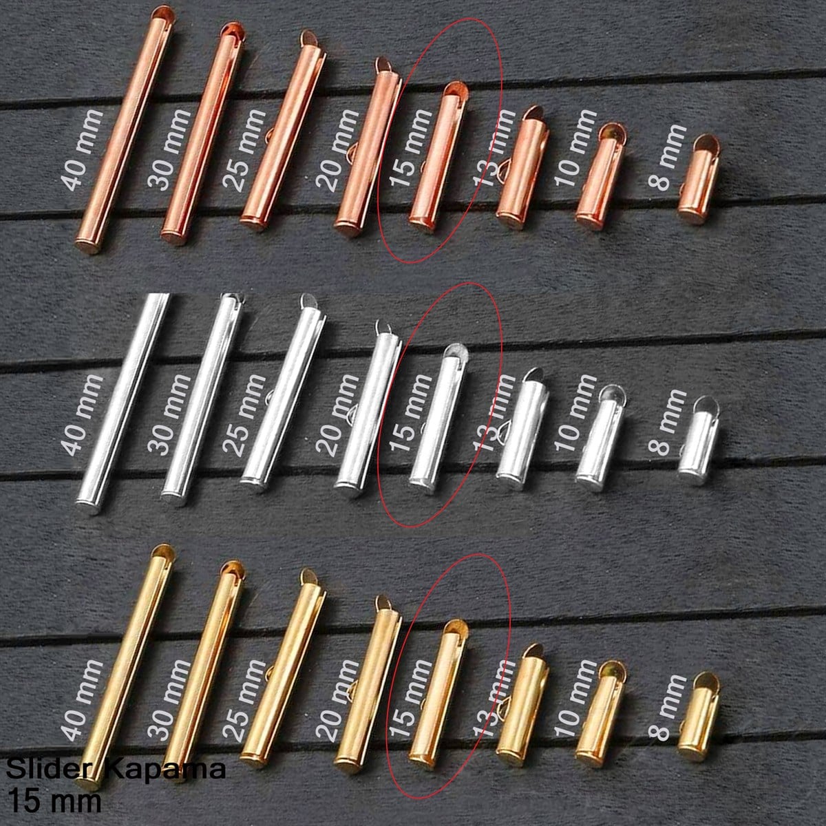 Kapama - Slider 15 mm - Altın, Rose Altın ve Rodyum Kaplama / 2 Adet