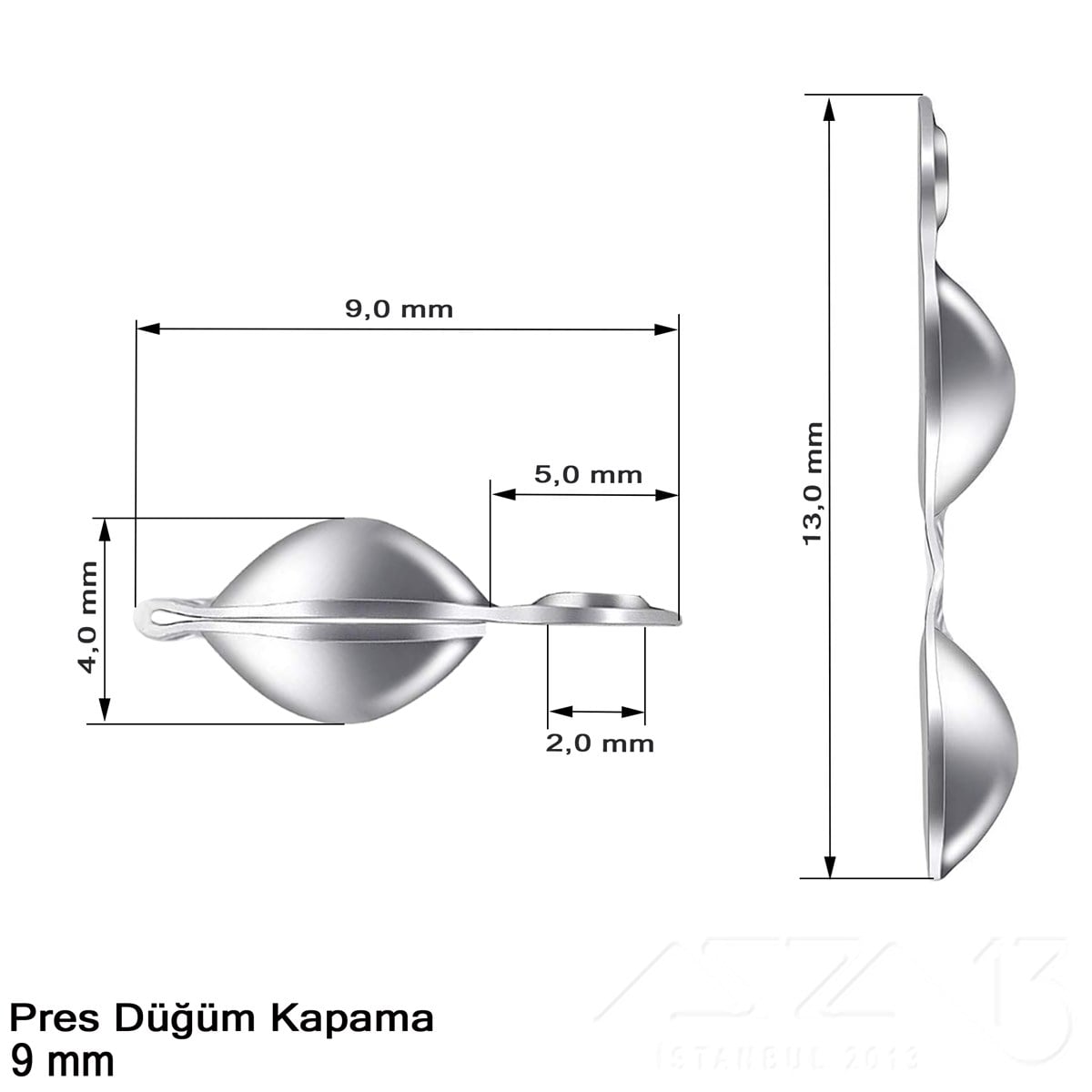 Kapama (Düğüm) - Tek Kulp ve  Pres - 9 mm - Rodyum Renk Kaplama / 20 Adet 