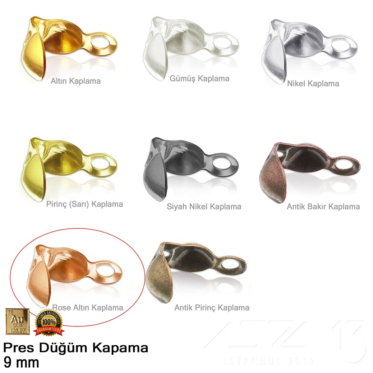 Kapama (Düğüm) - Tek Kulp ve  Pres - 9 mm - Gerçek Rose Altın Kaplama / 20 Adet 