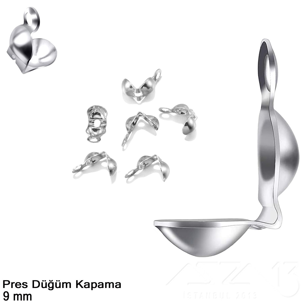 Kapama (Düğüm) - Tek Kulp ve  Pres - 9 mm - Rodyum Renk Kaplama / 20 Adet 