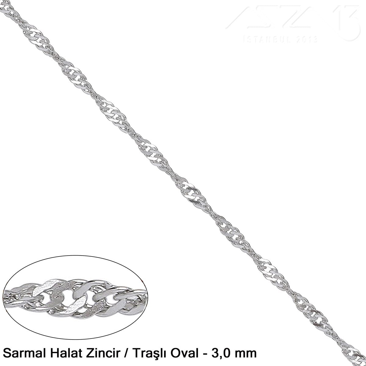 Zincir - Sarmal Halat Tip - Traşlı Oval 3 mm - Nikel Kaplama / 1 Metre