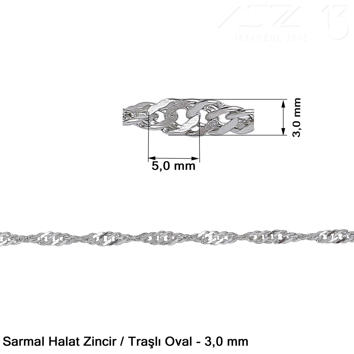 Zincir - Sarmal Halat Tip - Traşlı Oval 3 mm - Nikel Kaplama / 1 Metre