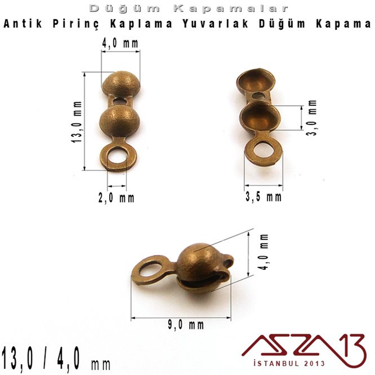 Antik Pirinç Kaplama - 13 mm - Pres Düğüm Kapama / 20 Adet
