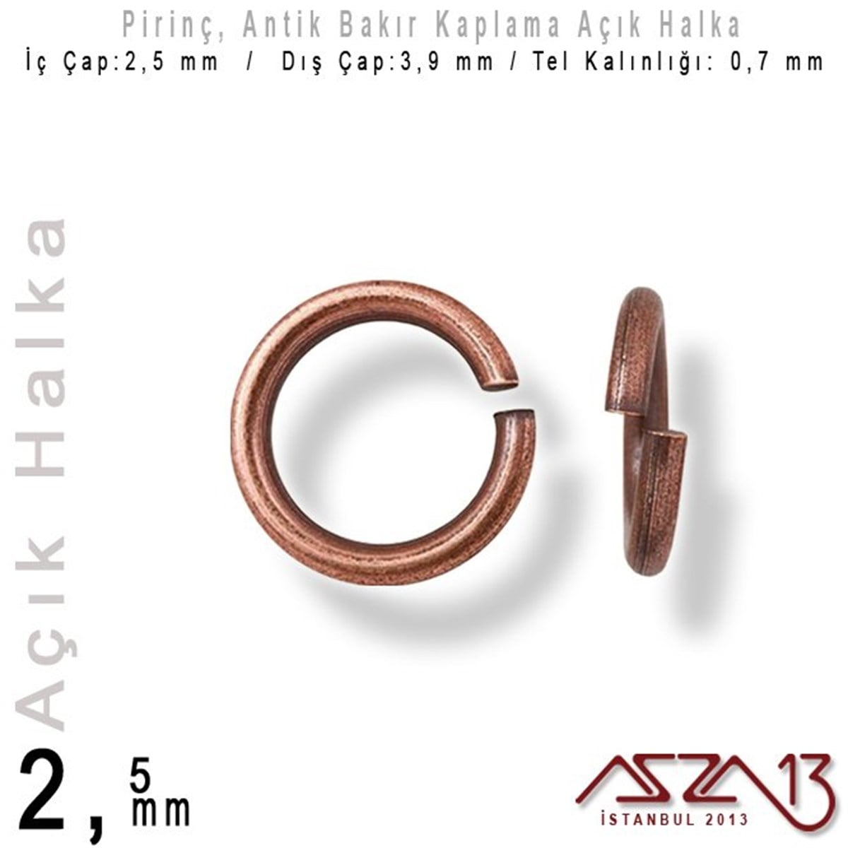 Antik Bakır Kaplamalı 0,7 mm Telden 2,5 mm Açık Halka / Paket İçeriği 550 Adet