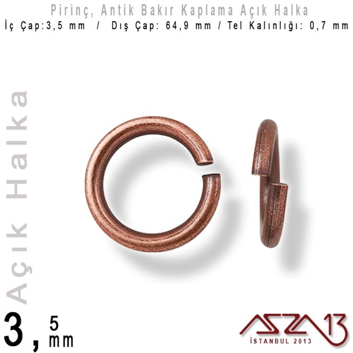 Antik Bakır Kaplamalı 0,7 mm Telden 3,5 mm Açık Halka / Paket İçeriği 265 Adet