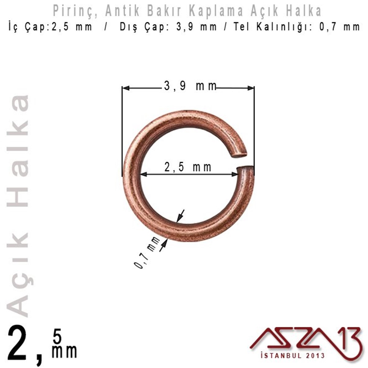 Antik Bakır Kaplamalı 0,7 mm Telden 2,5 mm Açık Halka / Paket İçeriği 550 Adet
