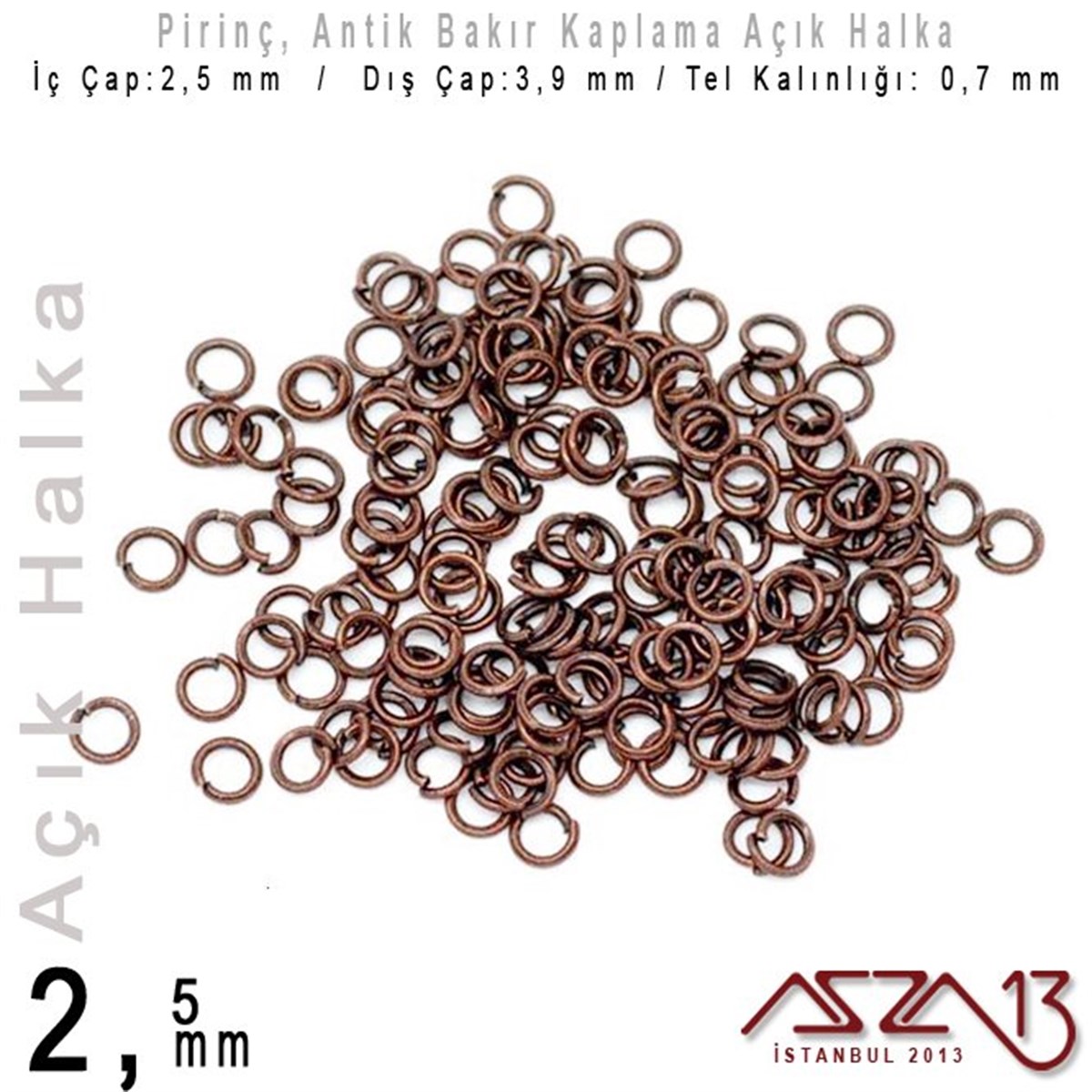 Antik Bakır Kaplamalı 0,7 mm Telden 2,5 mm Açık Halka / Paket İçeriği 550 Adet
