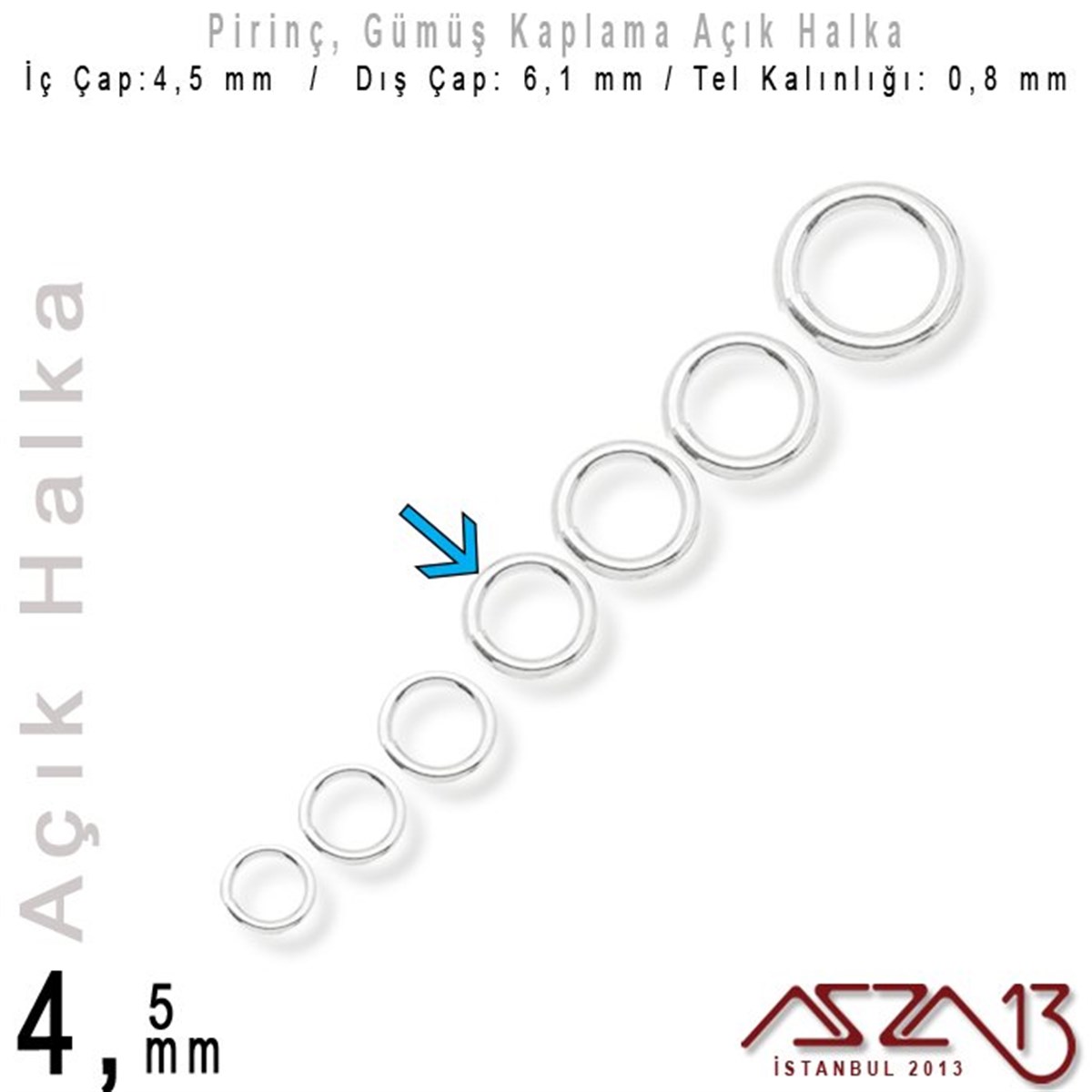 Gümüş Kaplamalı 0,8 mm Telden 4,5 mm Açık Halka / Paket İçeriği 100 Adet