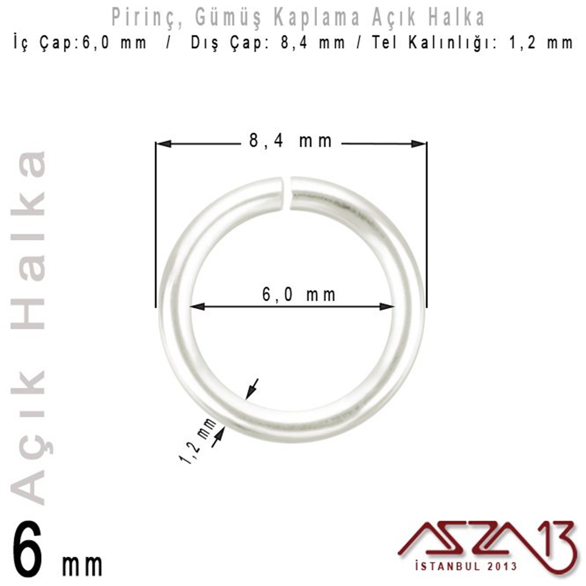 Gümüş Kaplamalı 1,2 mm Telden 6 mm Açık Halka / Paket İçeriği 70 Adet