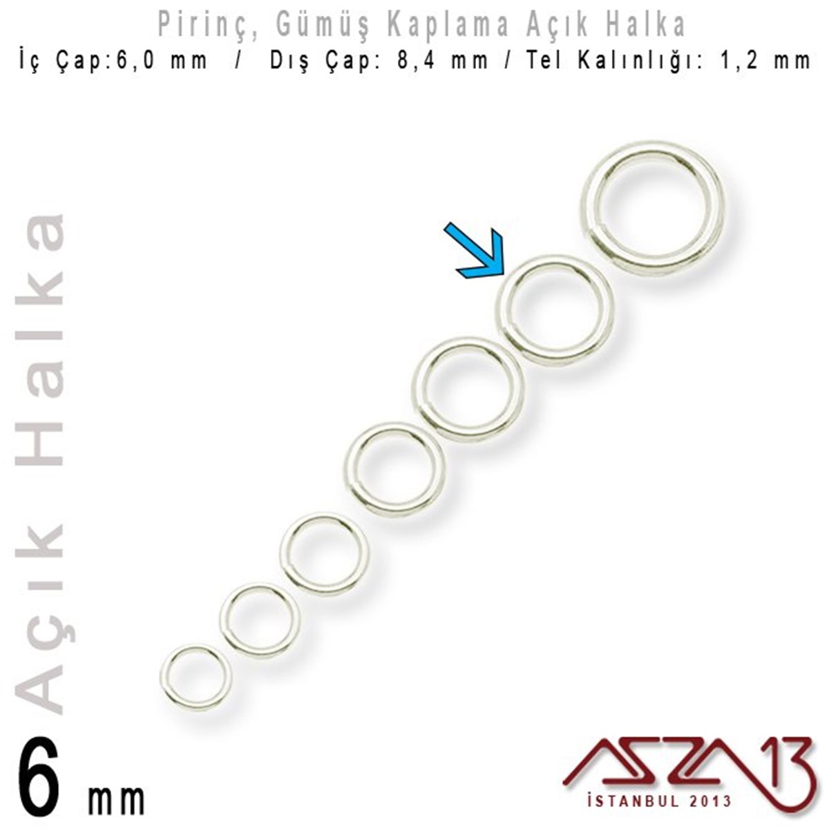 Gümüş Kaplamalı 1,2 mm Telden 6 mm Açık Halka / Paket İçeriği 70 Adet
