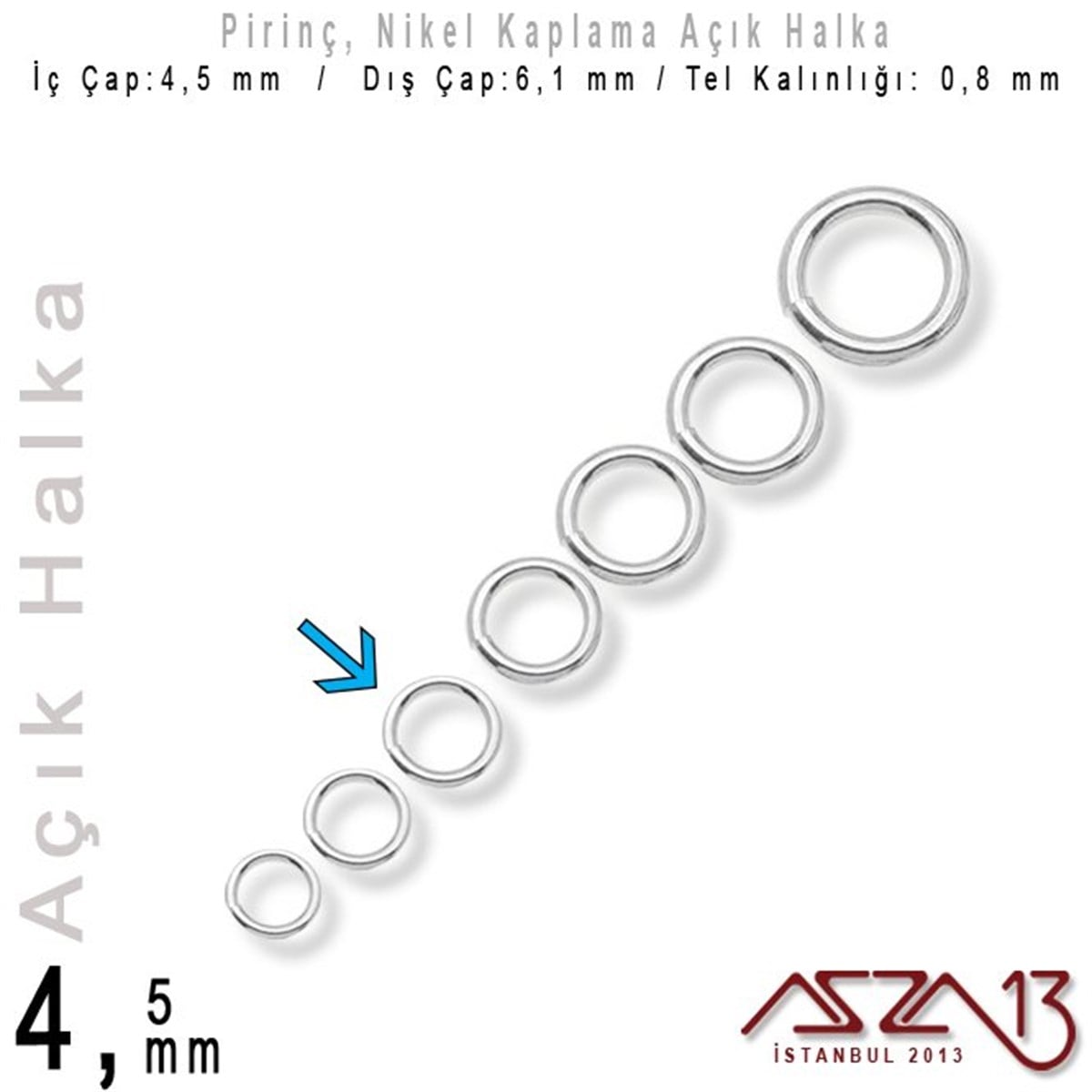 Nikel Kaplamalı 0,8 mm Telden 4,5 mm Açık Halka / Paket İçeriği 100 Adet