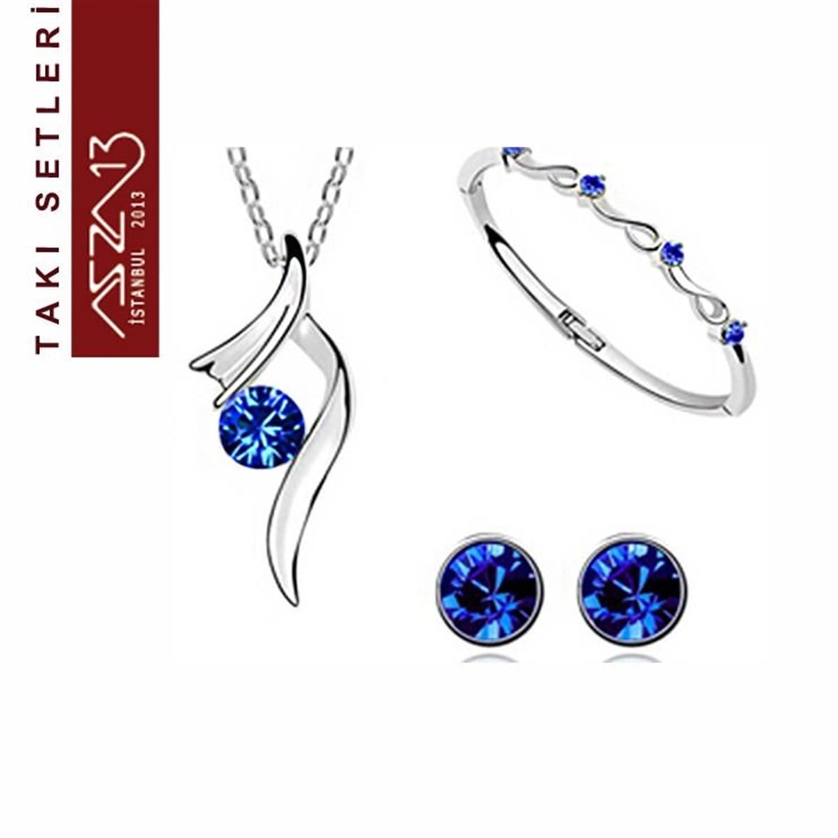 Swarovski Safir Taşlı Kolye, Bileklik, Küpe Seti