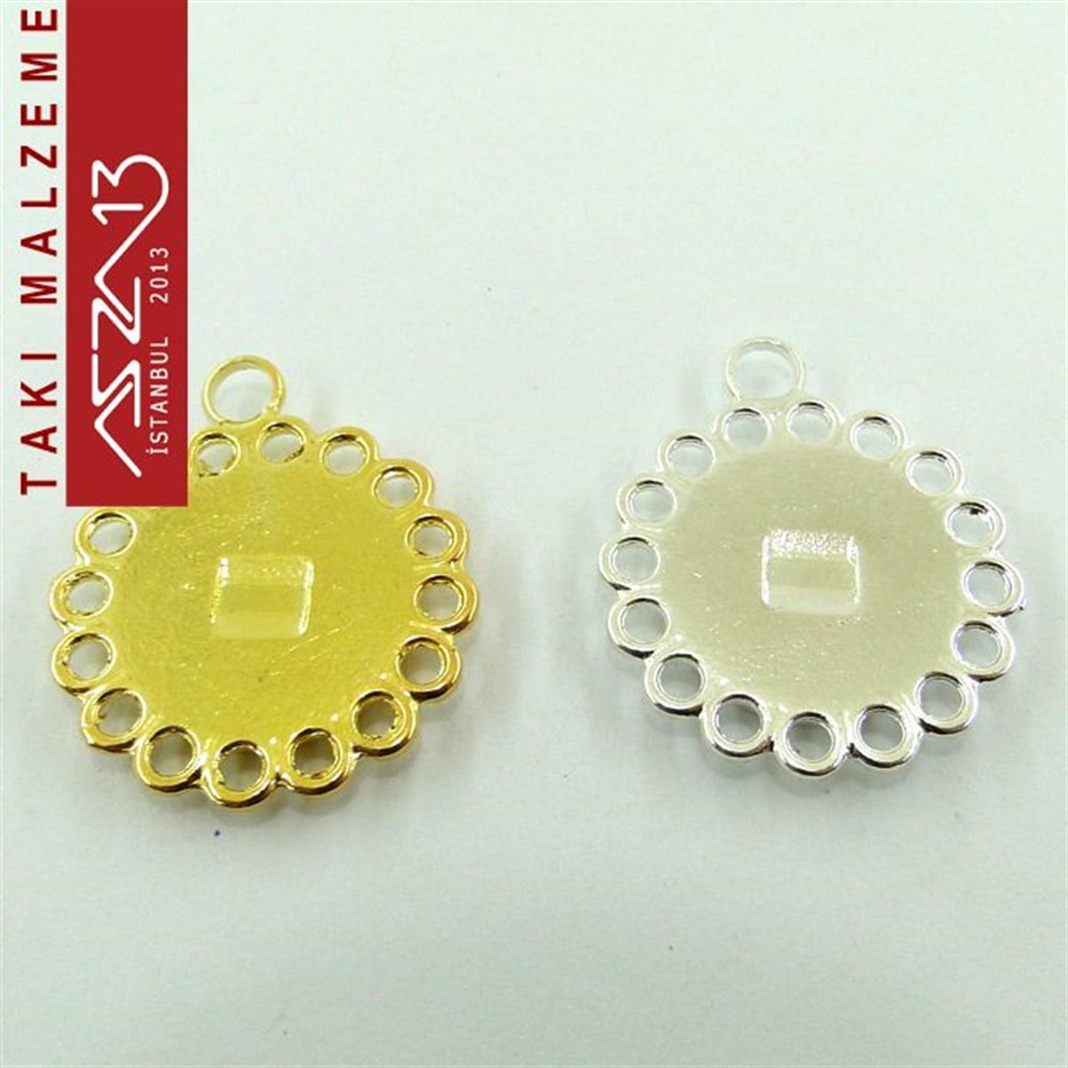 Altın - Gümüş Kaplamalı 33x28 mm Yuvarlak Kaboşon Yuva, Taş Ölçüsü 16 mm / Paket İçeriği 1 Adet