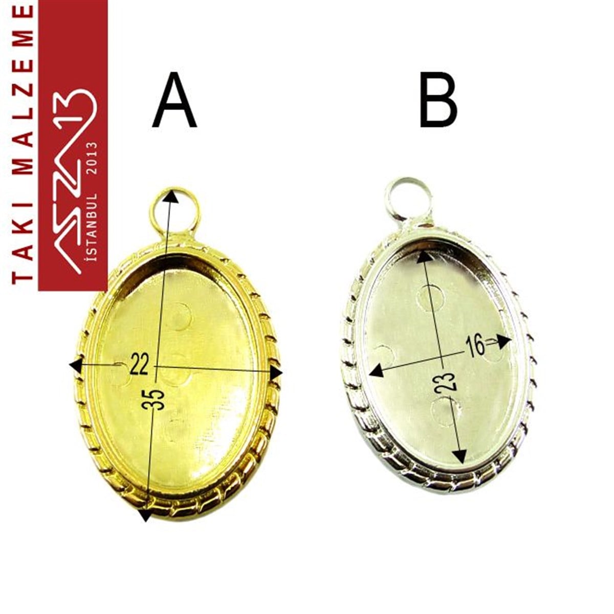 Altın - Gümüş Kaplamalı 34x22 mm Oval Kaboşon Yuva, Taş Ölçüsü 23x16 mm / Paket İçeriği 1 Adet