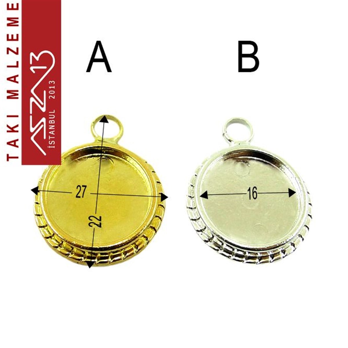 Altın - Gümüş Kaplamalı 27x22 mm Yuvarlak Kaboşon Yuva, Taş Ölçüsü 16 mm / Paket İçeriği 1 Adet