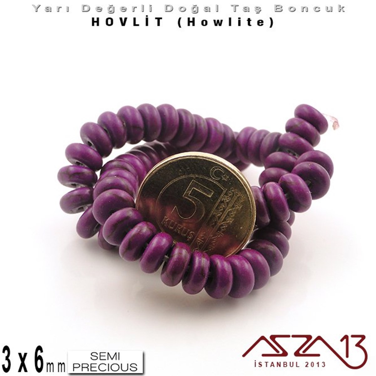 6 mm - Disk - Düz Yüzey - Koyu Mor Hovlit (Howlite) Boncuk / 60 Adet