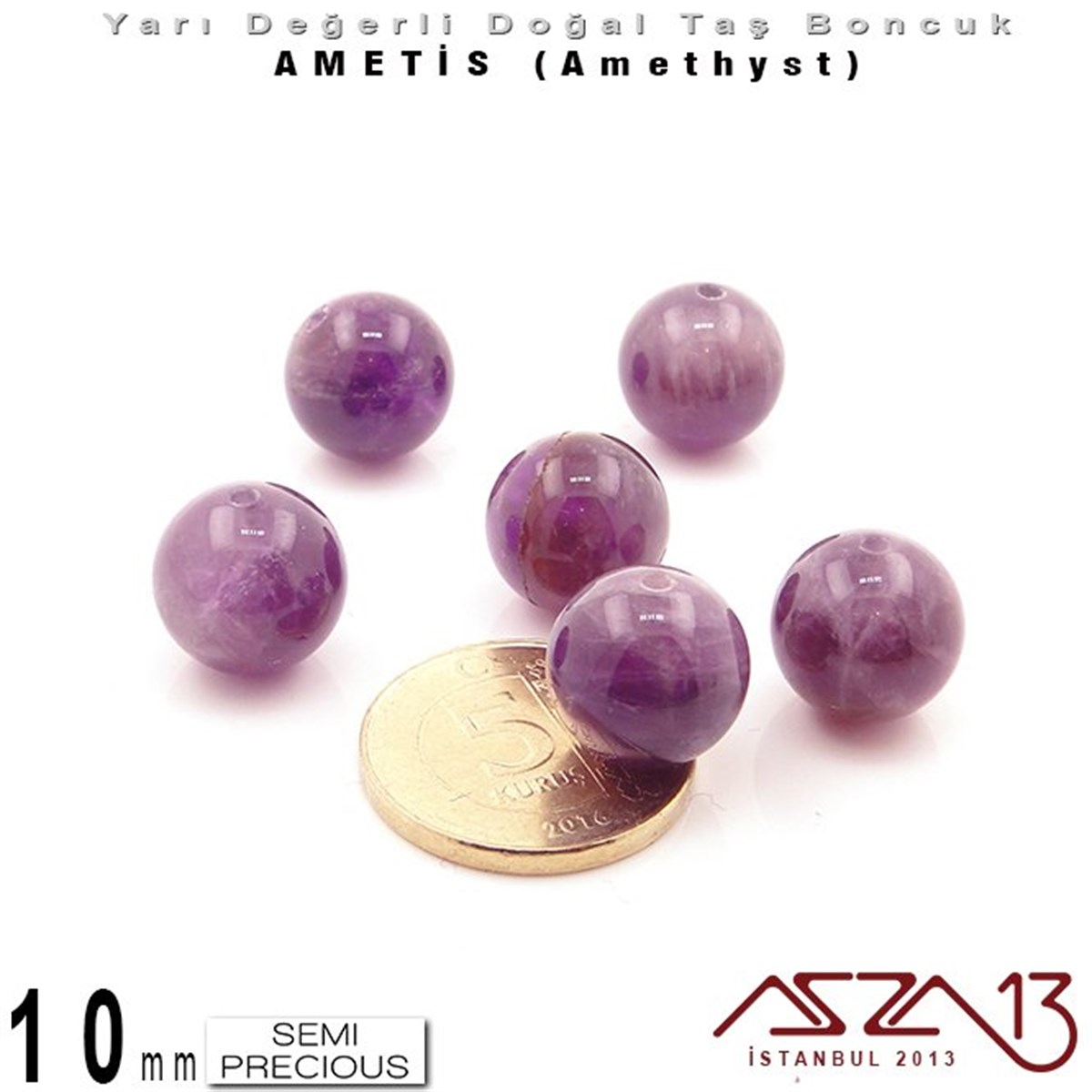 10 mm - Yuvarlak - Düz Yüzey - Ametis (Amethyst) / 7 Adet