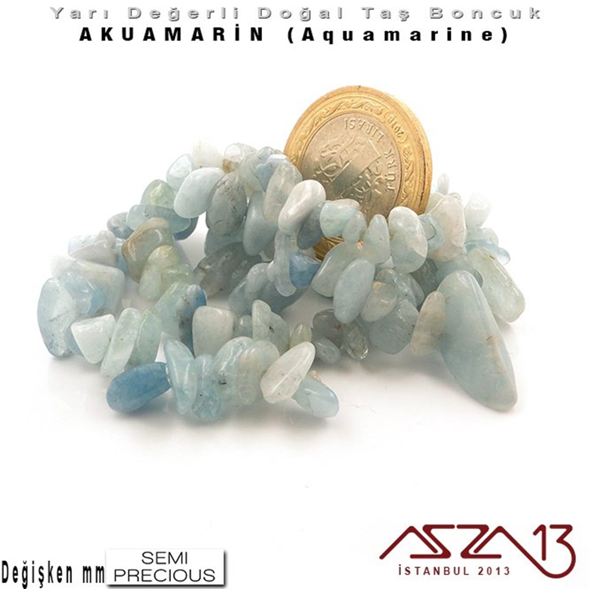 Değişken Ebatlarda - Kırık - Doğal Yüzey - Akuamarin (Aquamarine) Boncuk / 40 cm Dizi Şeklinde