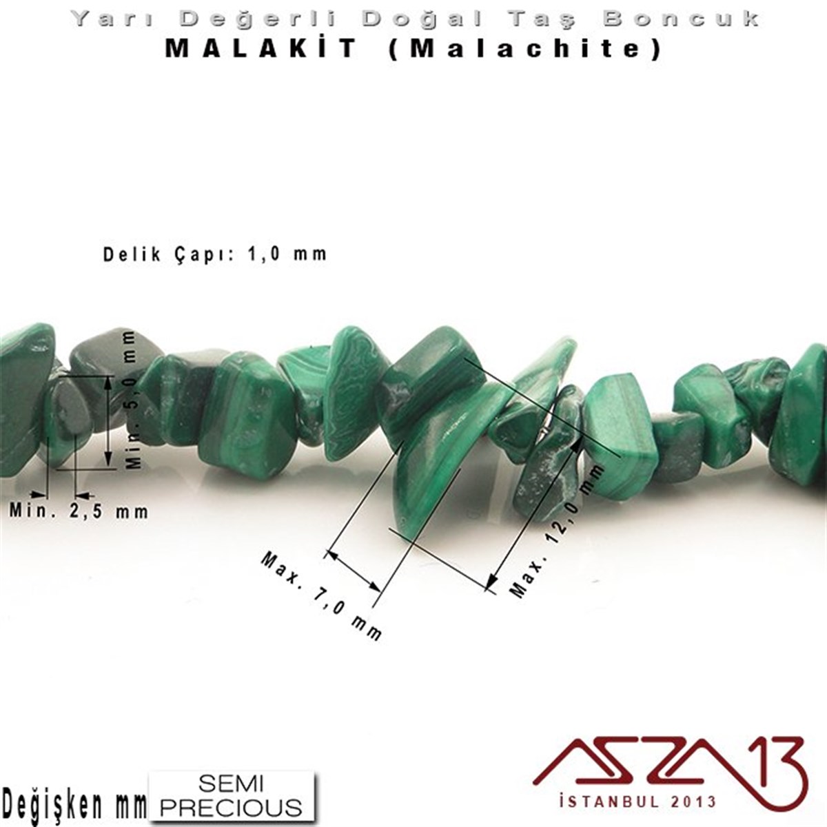 Değişken Ebatlarda - Kırık - Doğal Yüzey - Malakit (Malachite) Boncuk / 40 cm Dizi Şeklinde