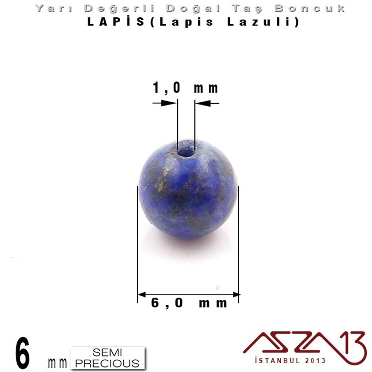 6 mm - Düz Yüzey - Yuvarlak - Lapis (Lapis Lazuli) / 13 Adet