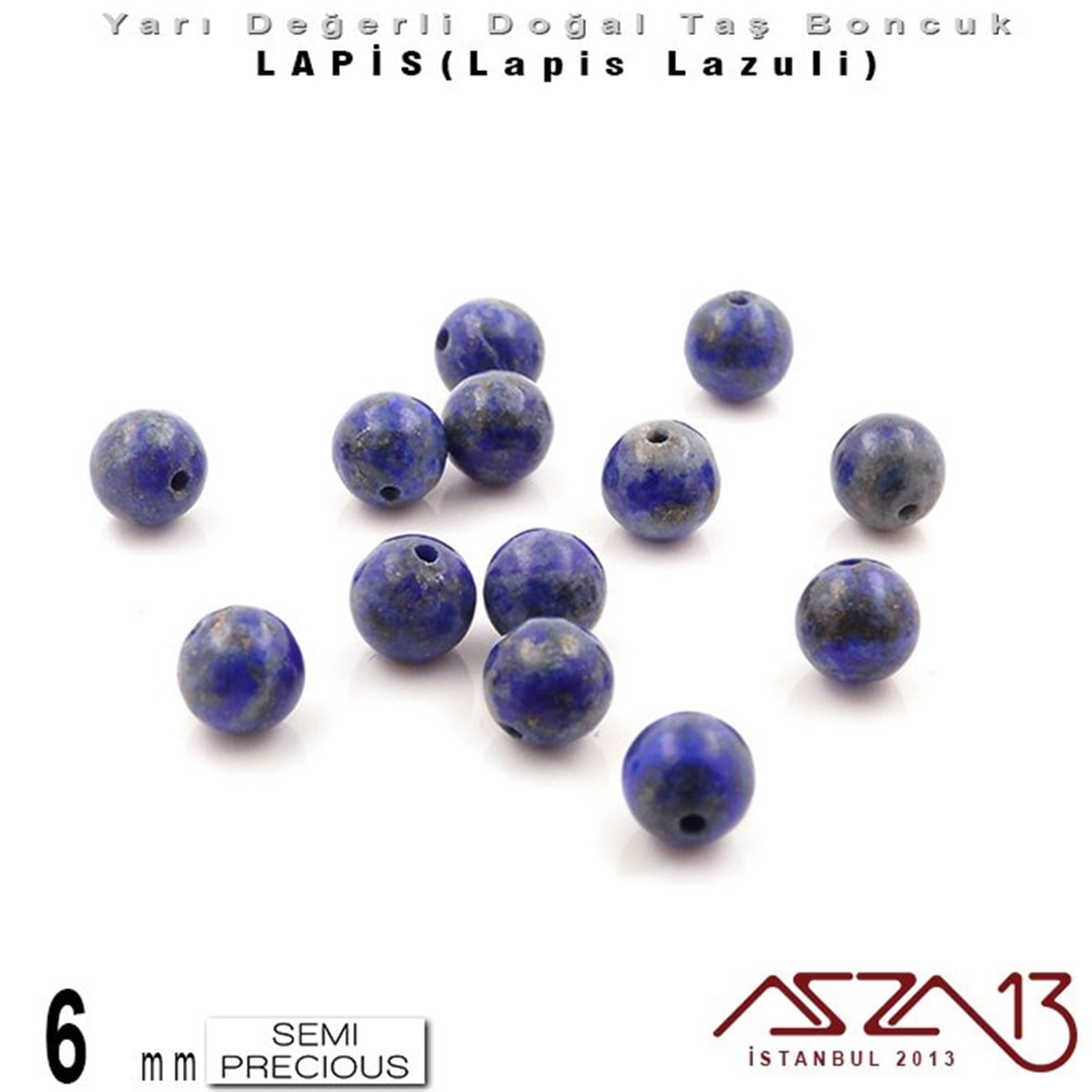 6 mm - Düz Yüzey - Yuvarlak - Lapis (Lapis Lazuli) / 13 Adet