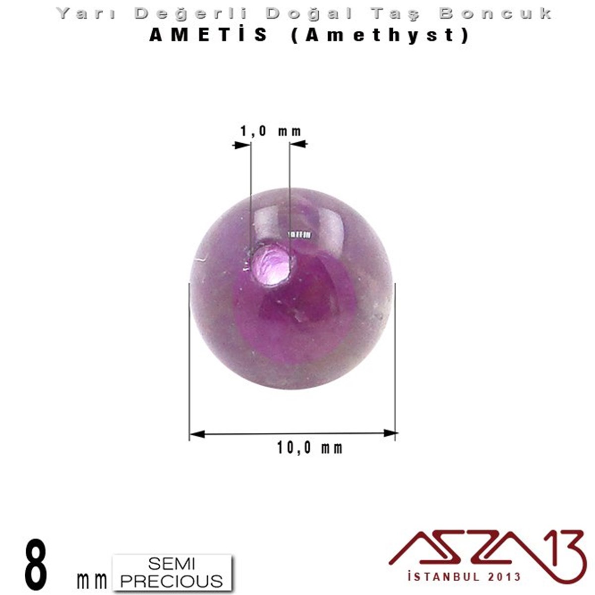 8 mm - Yuvarlak - Düz Yüzey - Ametis (Amethyst) / 9 Adet