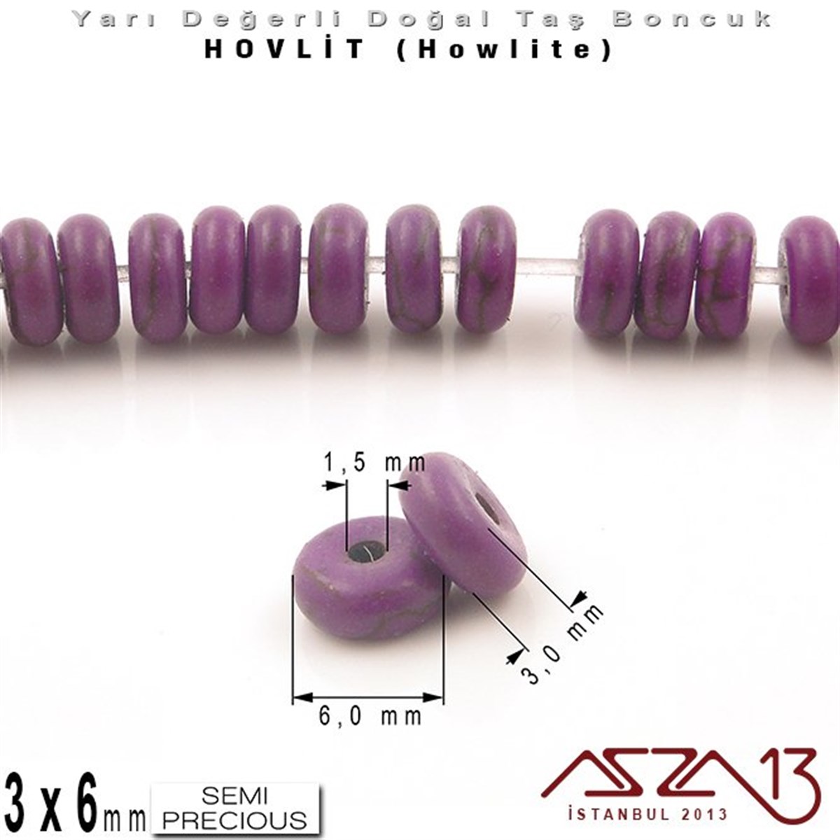 6 mm - Disk - Düz Yüzey - Koyu Mor Hovlit (Howlite) Boncuk / 60 Adet