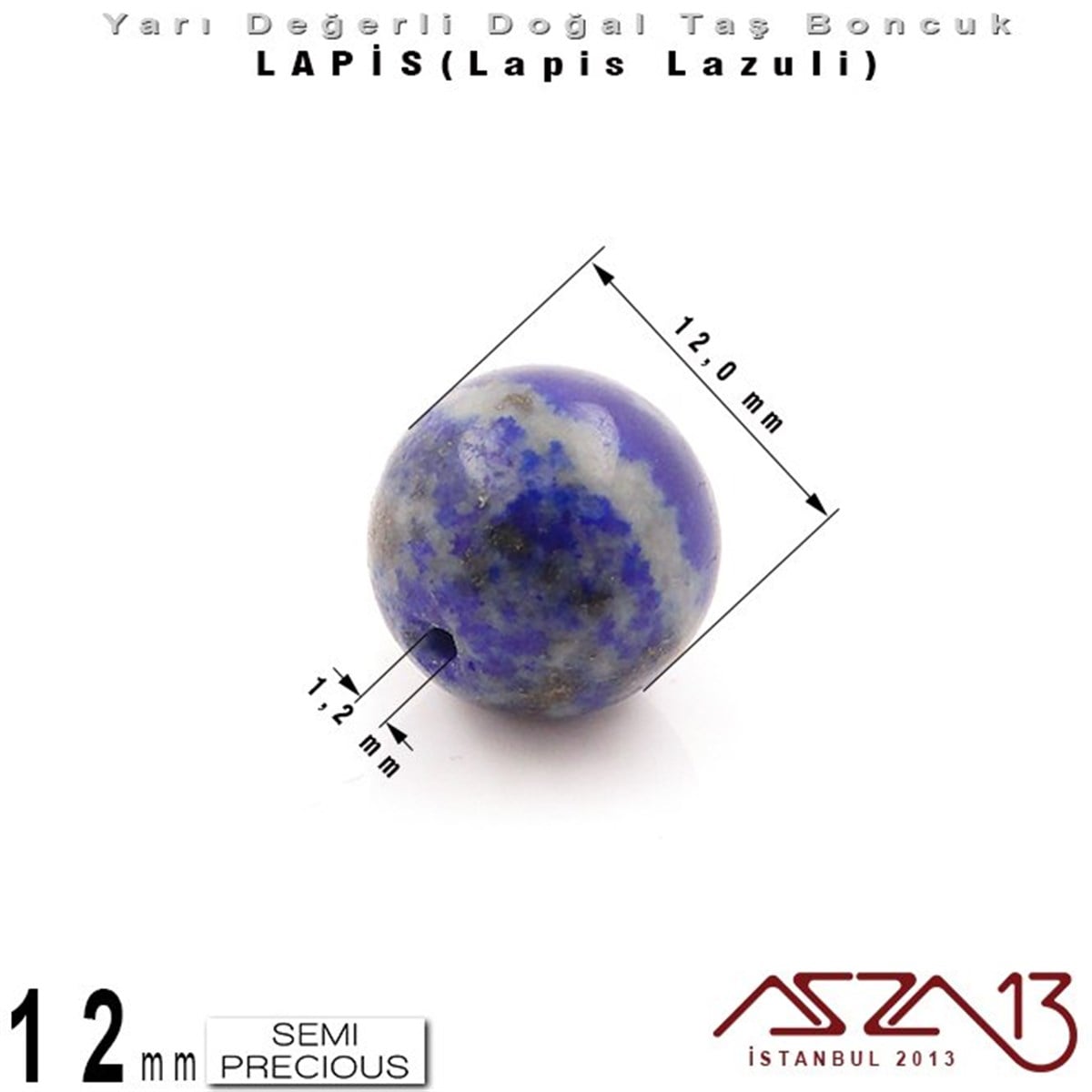 12 mm - Düz Yüzey - Yuvarlak - Lapis (Lapis Lazuli) / 5 Adet