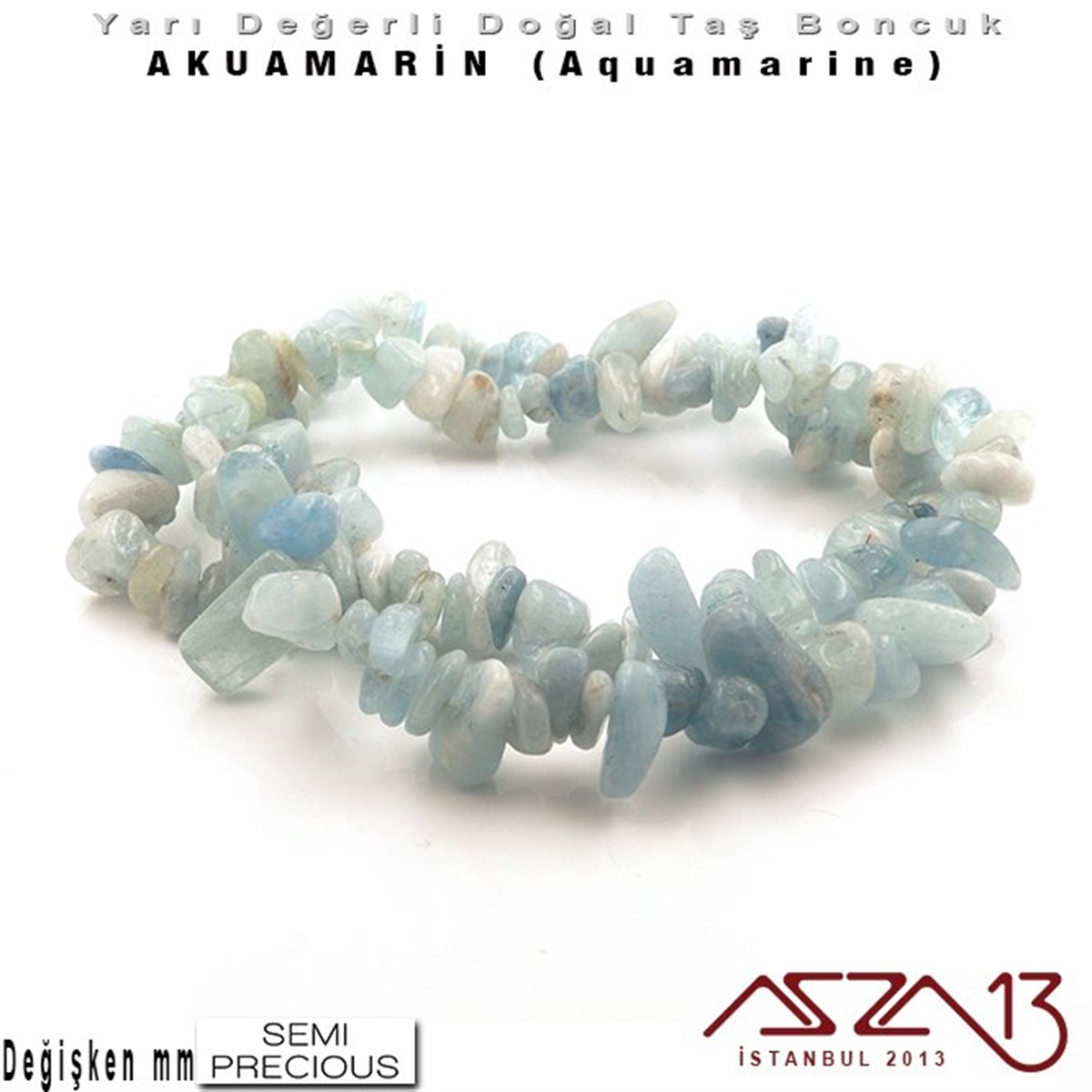 Değişken Ebatlarda - Kırık - Doğal Yüzey - Akuamarin (Aquamarine) Boncuk / 40 cm Dizi Şeklinde
