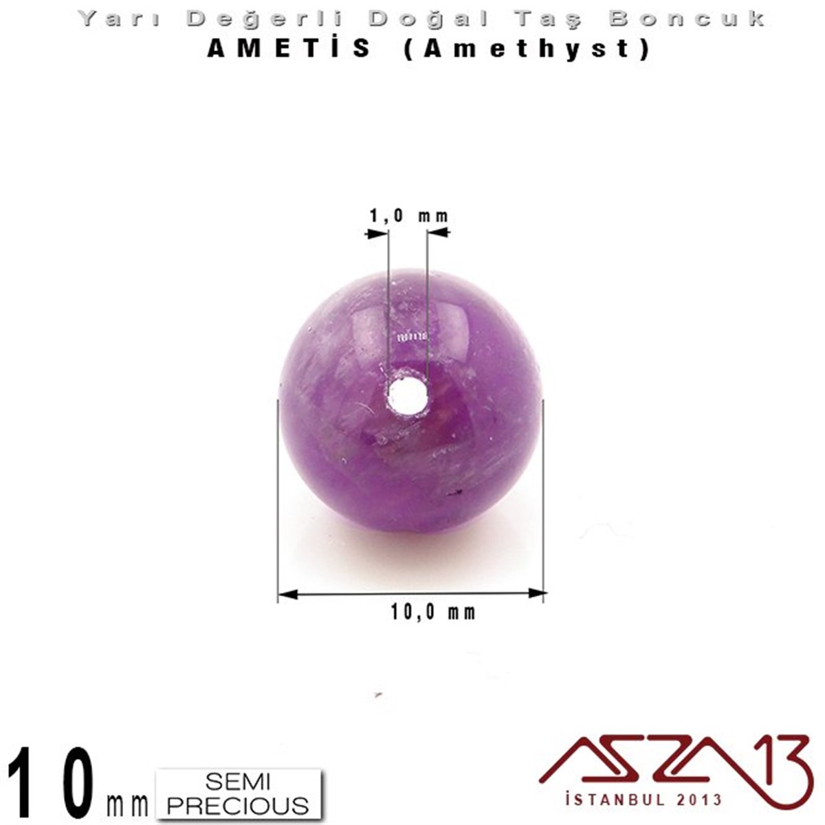 10 mm - Yuvarlak - Düz Yüzey - Ametis (Amethyst) / 7 Adet
