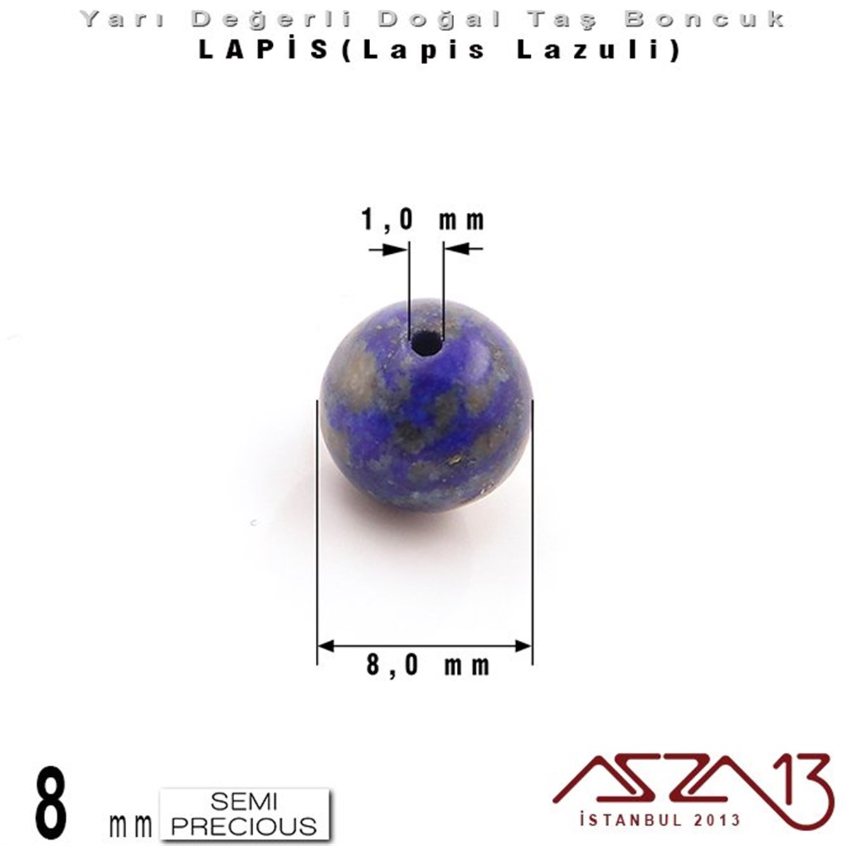 8 mm - Düz Yüzey - Yuvarlak - Lapis (Lapis Lazuli) / 9 Adet