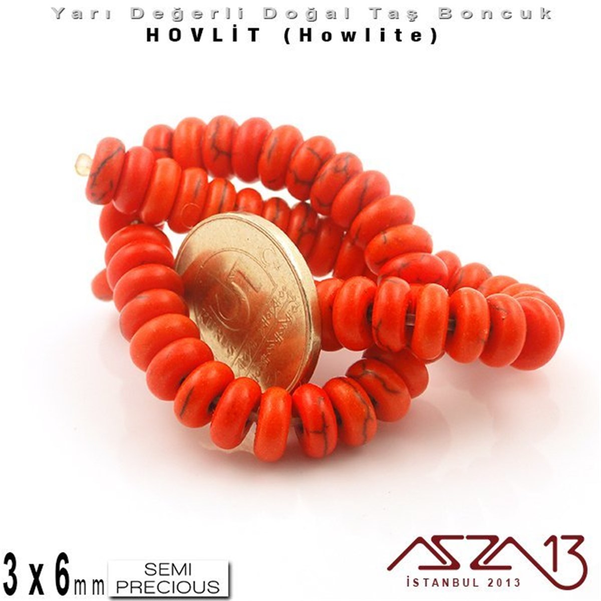 6 mm - Disk - Düz Yüzey - Turuncu Hovlit (Howlite) Boncuk / 60 Adet