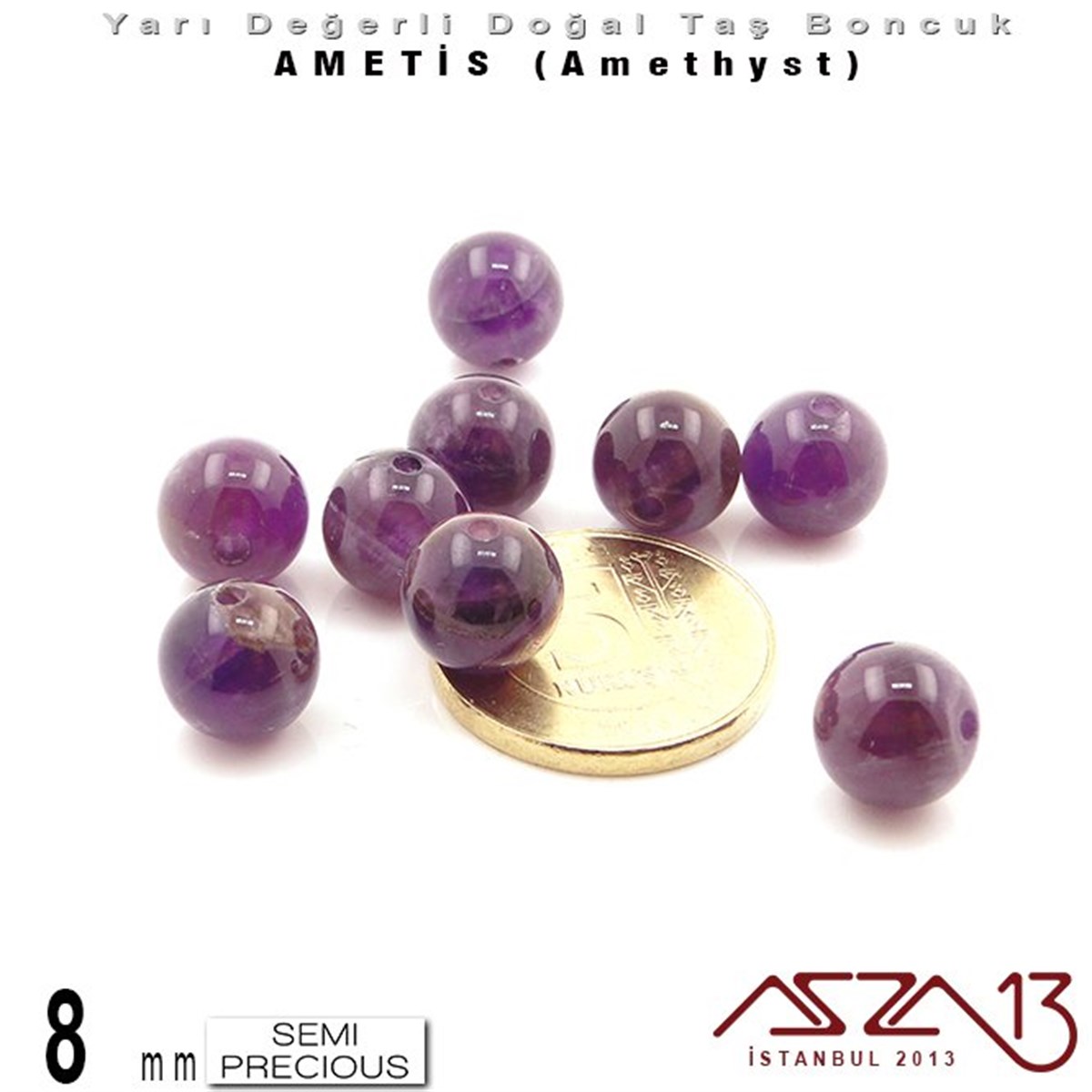 8 mm - Yuvarlak - Düz Yüzey - Ametis (Amethyst) / 9 Adet