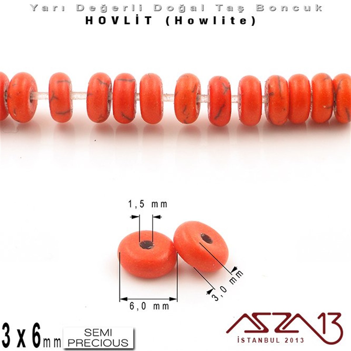 6 mm - Disk - Düz Yüzey - Turuncu Hovlit (Howlite) Boncuk / 60 Adet