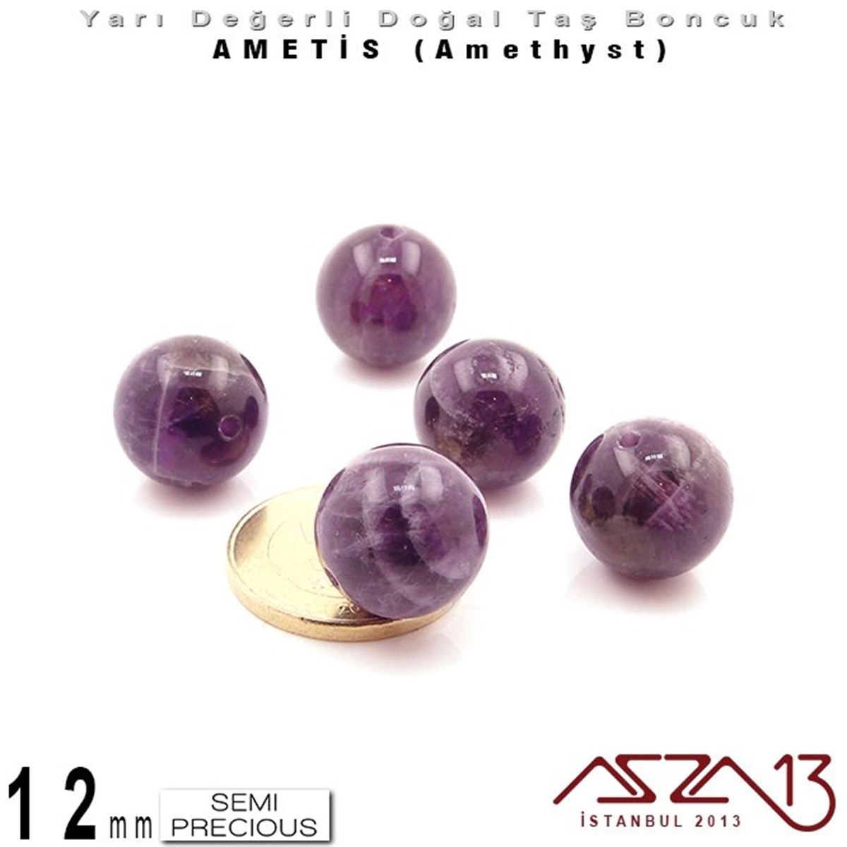 12 mm - Yuvarlak - Düz Yüzey - Ametis (Amethyst) / 5 Adet