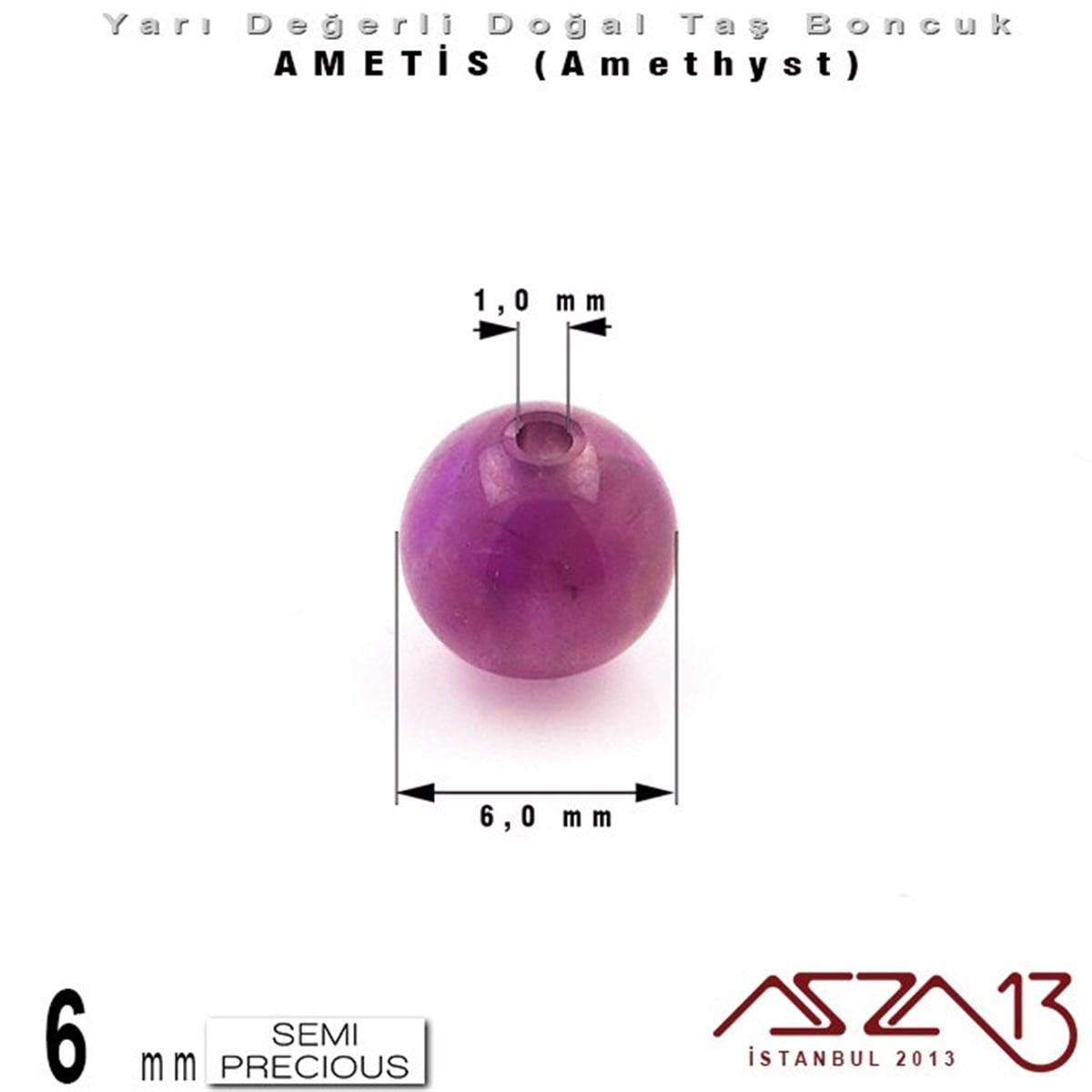 6 mm - Yuvarlak - Düz Yüzey - Ametis (Amethyst) / 13 Adet
