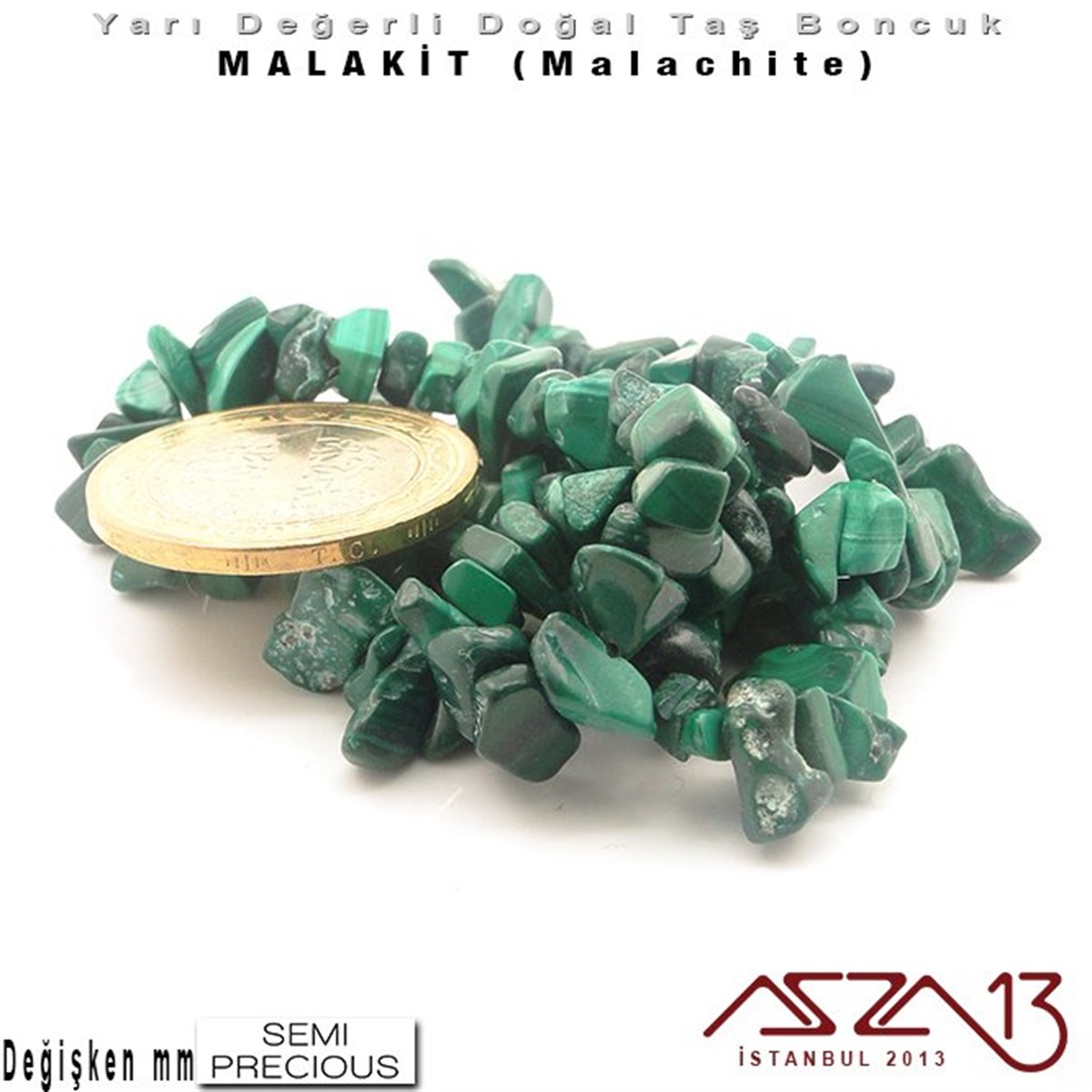 Değişken Ebatlarda - Kırık - Doğal Yüzey - Malakit (Malachite) Boncuk / 40 cm Dizi Şeklinde