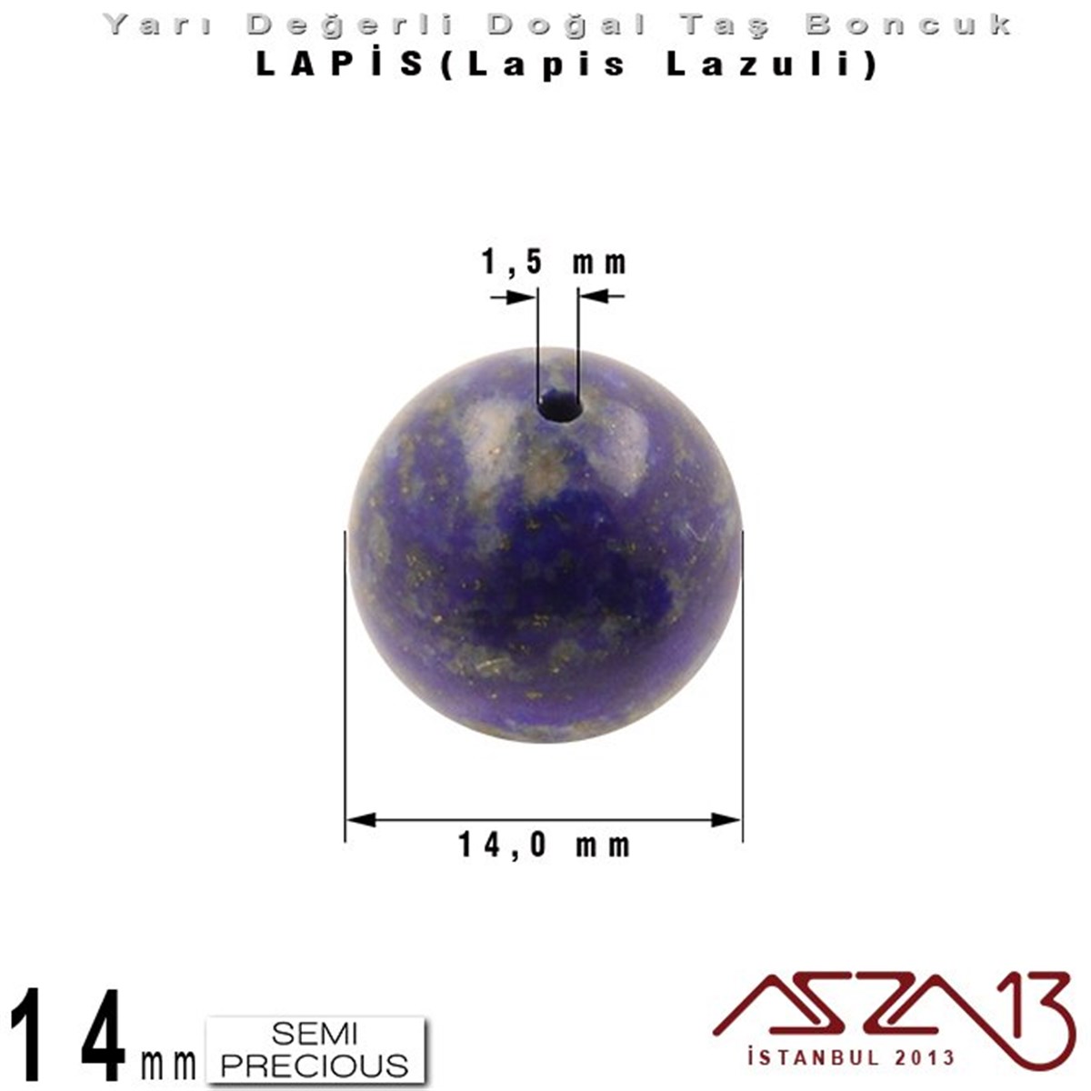 14 mm - Düz Yüzey - Yuvarlak - Lapis (Lapis Lazuli) / 3 Adet