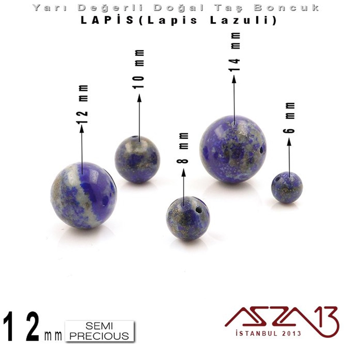 12 mm - Düz Yüzey - Yuvarlak - Lapis (Lapis Lazuli) / 5 Adet