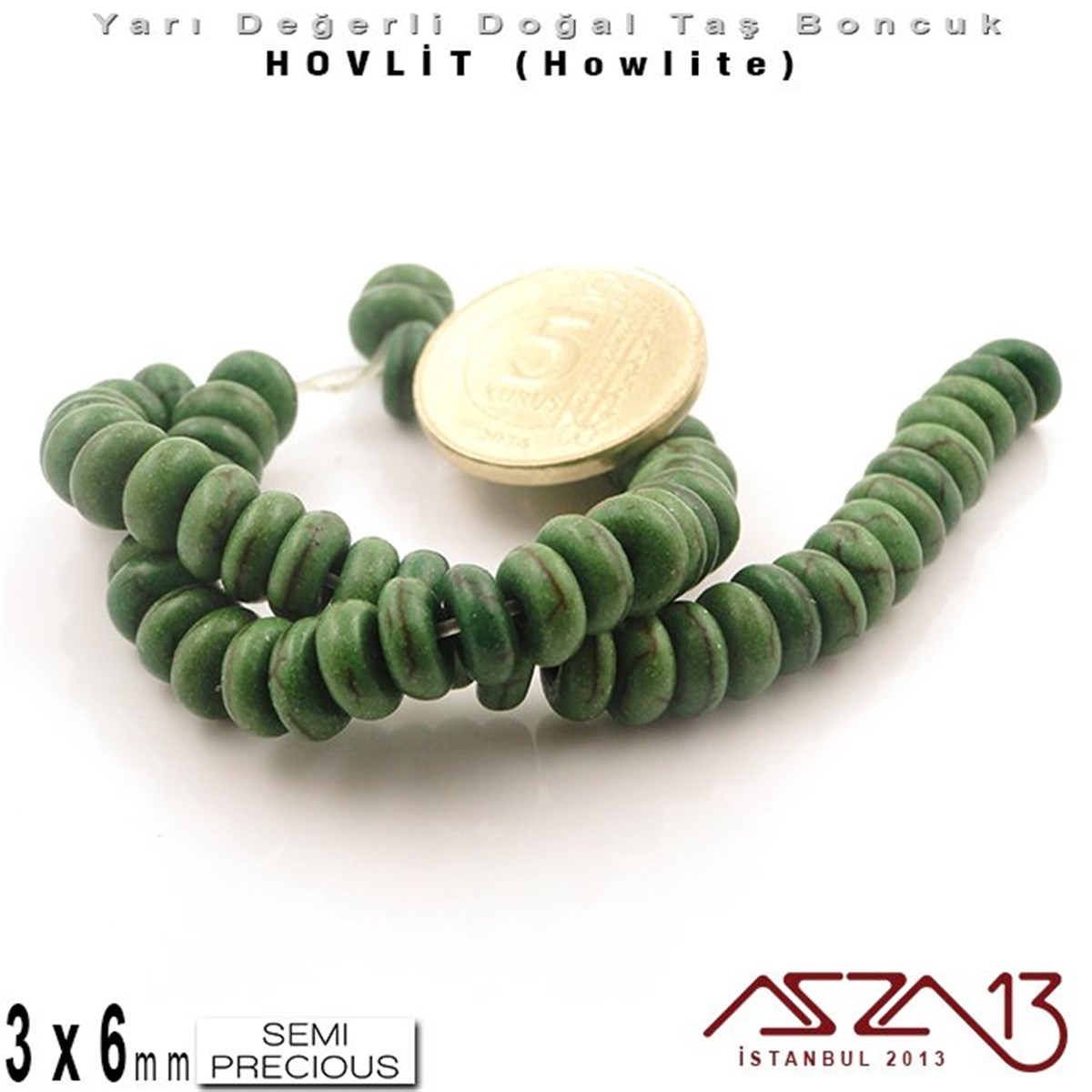 6 mm - Disk - Düz Yüzey - Yeşil Hovlit (Howlite) Boncuk / 60 Adet