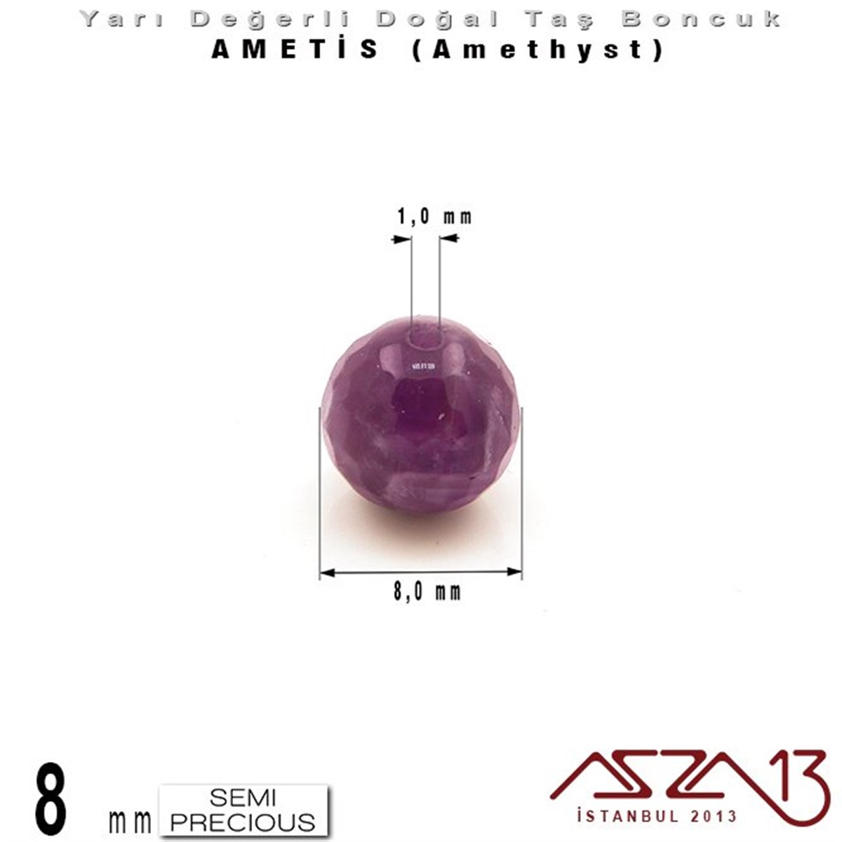 8 mm - Yuvarlak - Geodezik Yüzey - Ametis (Amethyst) / 9 Adet