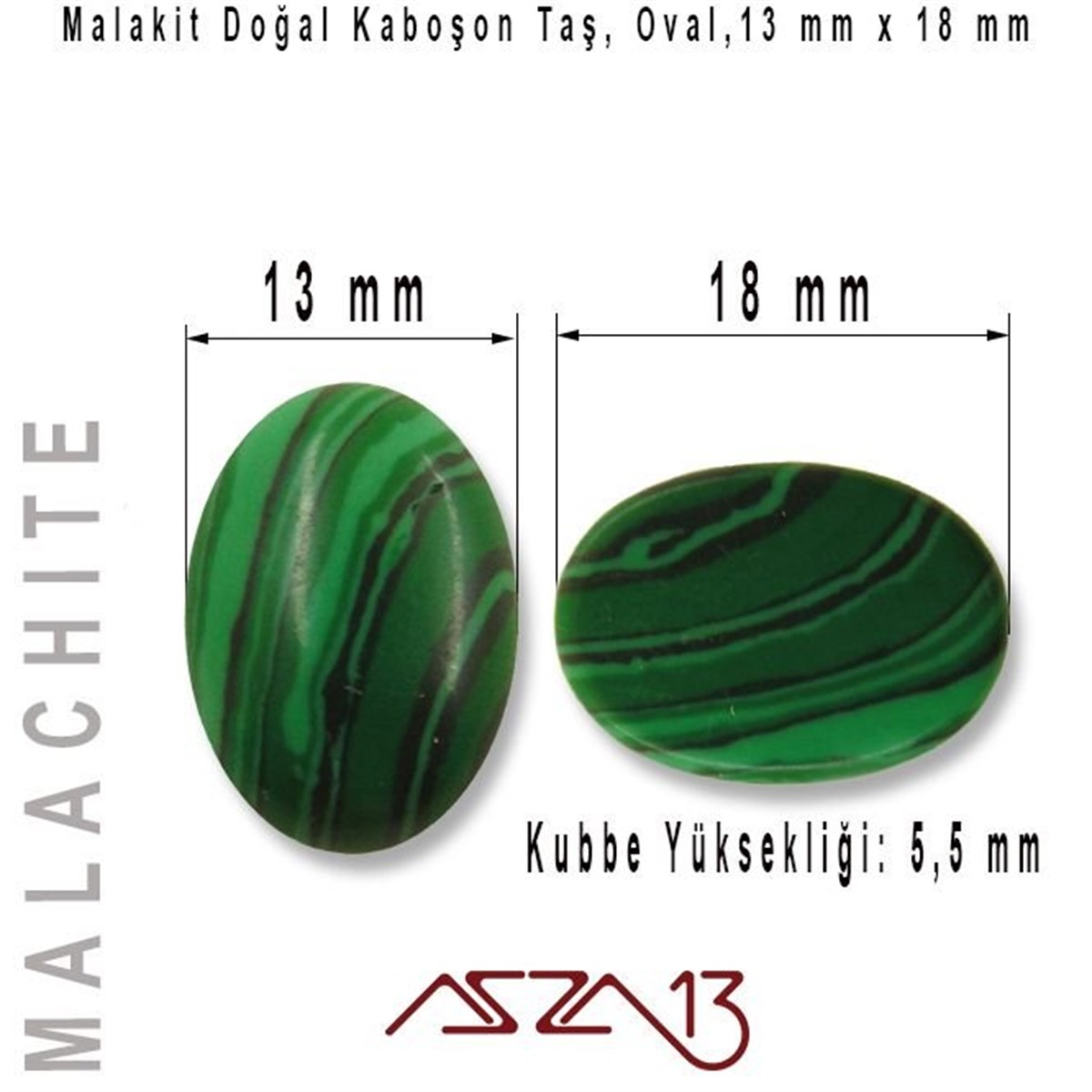 Malakit, 13x18 mm, Doğal Taş Kaboşon / Paket İçeriği 1 Adet