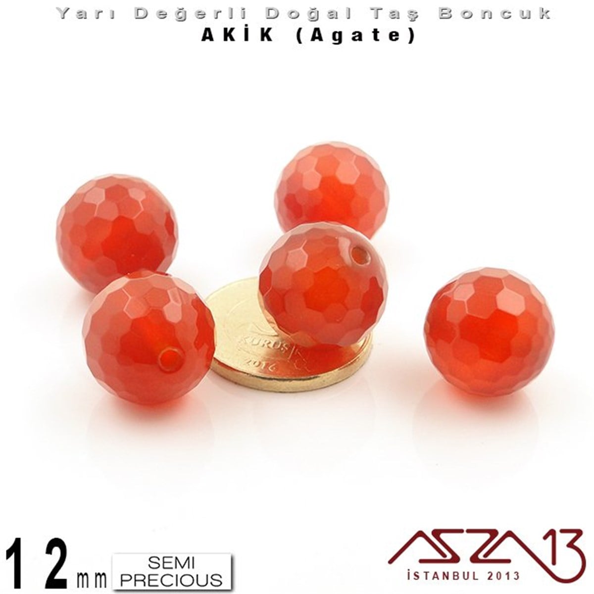 12 mm - Yuvarlak - Geodezik Yüzey - Akik (Agate) / 5 Adet