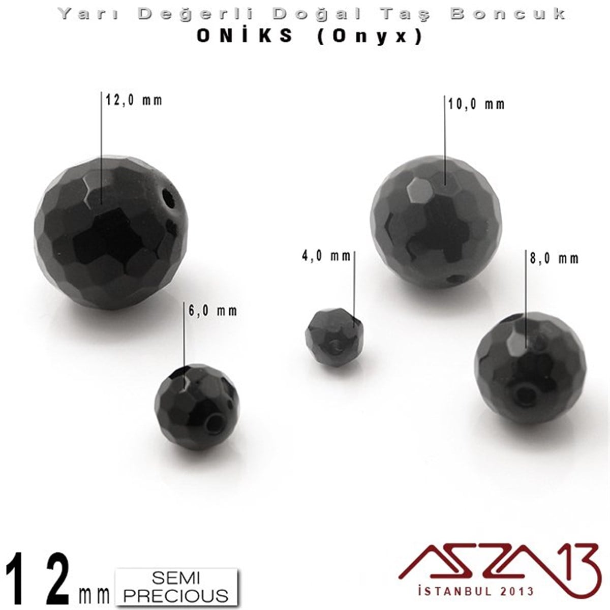 12 mm - Yuvarlak, Parlak - Geodezik Yüzey - Oniks (Onyx) / 5 Adet