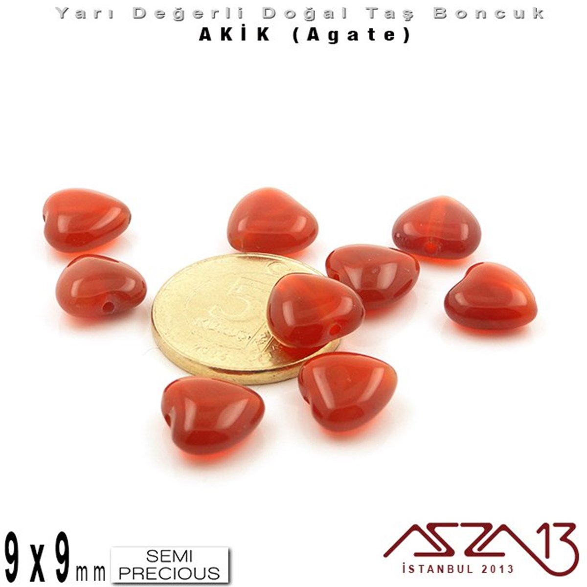 9x9 mm - Kalp - Düz Yüzey - Akik (Agate) / 9 Adet