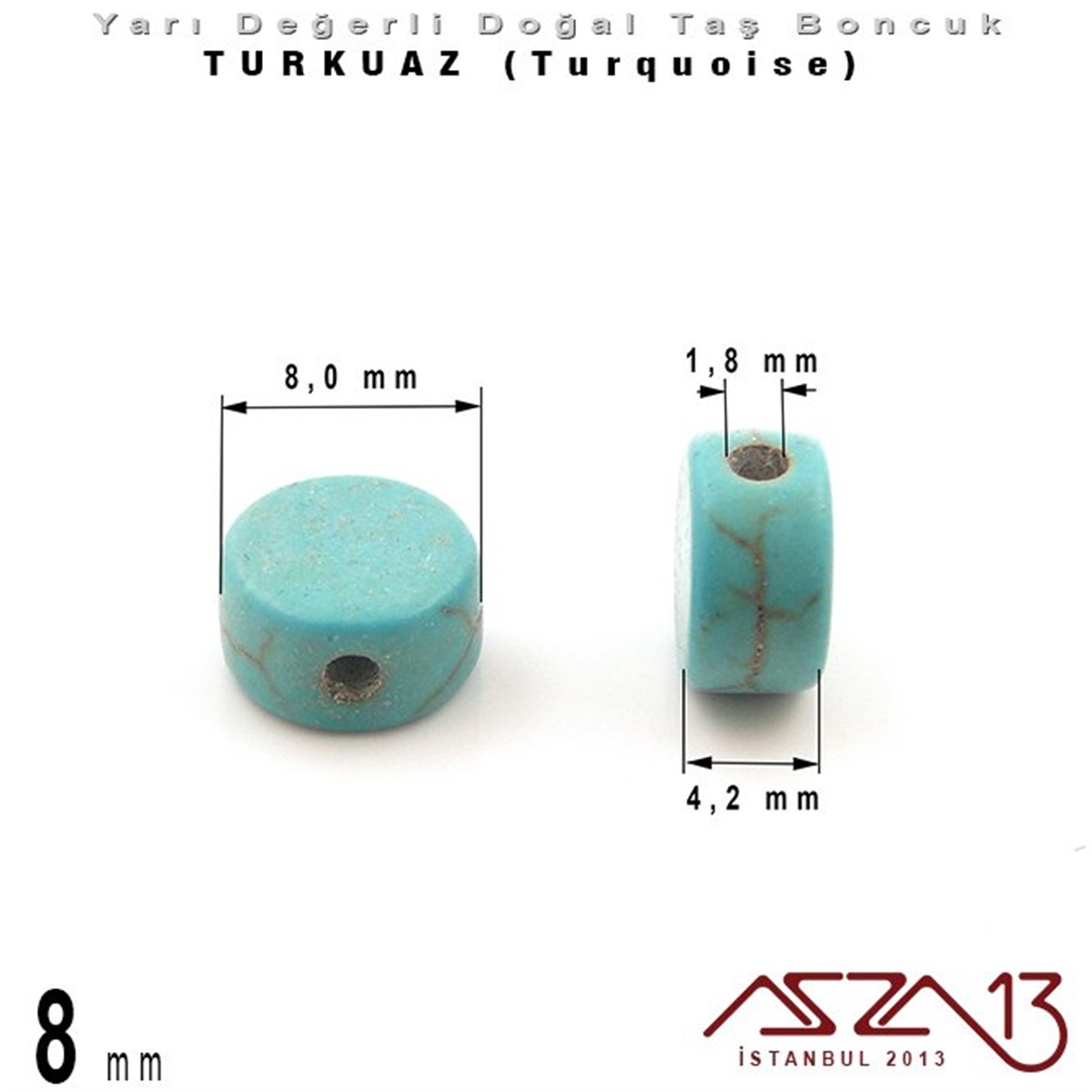 8 mm - Disk - Düz Yüzey - Turkuaz (Turquoise) Boncuk / 13 Adet